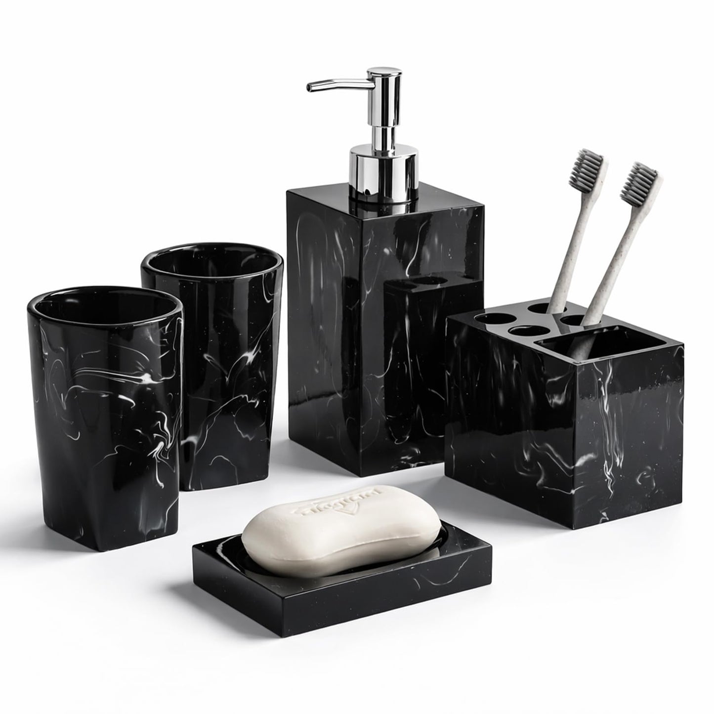 5 Piece Bathroom Accessories Set, Marble Resin Bathroom Vanity Set, Soap Dispenser, Toothbrush Holder, Soap Dish & 2 Tumblers, Bathroom Countertop Organizer Set (Ink Black)
