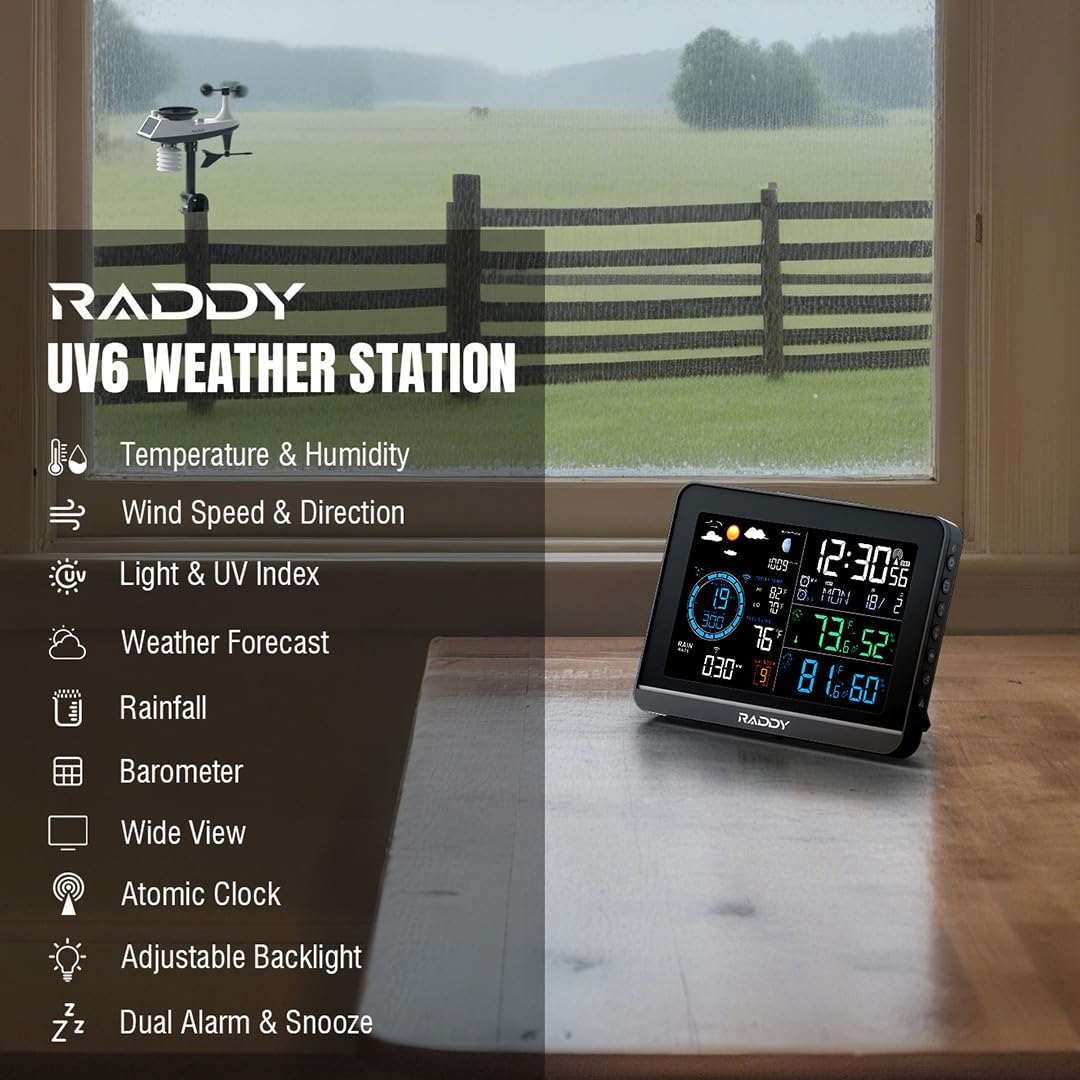 Raddy UV-6 Professional Weather Station with 6" VA Display and Outdoor Sensor, Wireless Indoor Outdoor Temperature & Humidity Monitor, Atomic Clock, UV & Light Index, Wind Speed, Rain Gauge