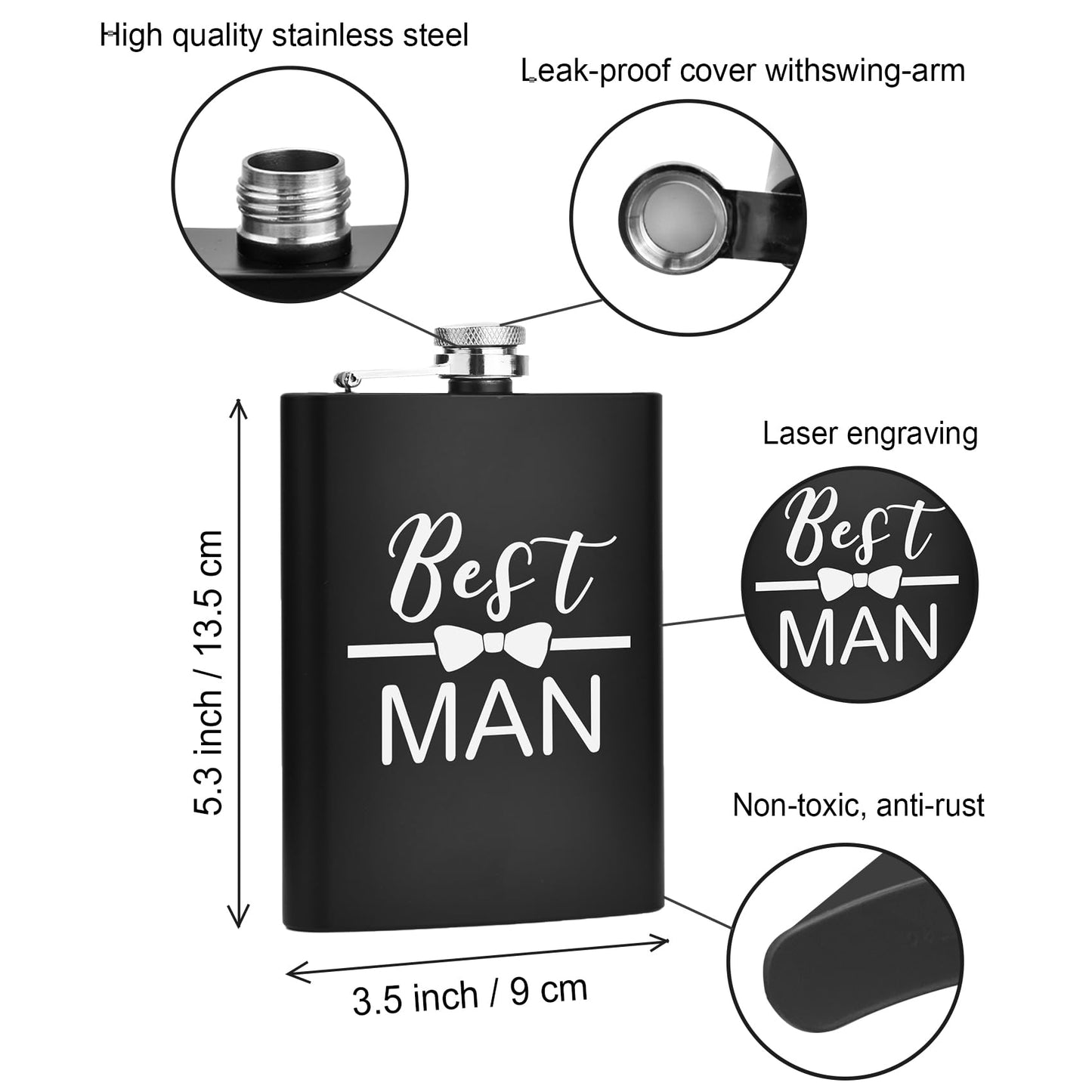 ELEGANTPARK Groomsmen Gifts Set of 6 Best Man Groom Flask Groomsmen Proposal Gift for Wedding Bachelor Party Favors Black Engraved Hip Flask Stainless Steel 8 oz