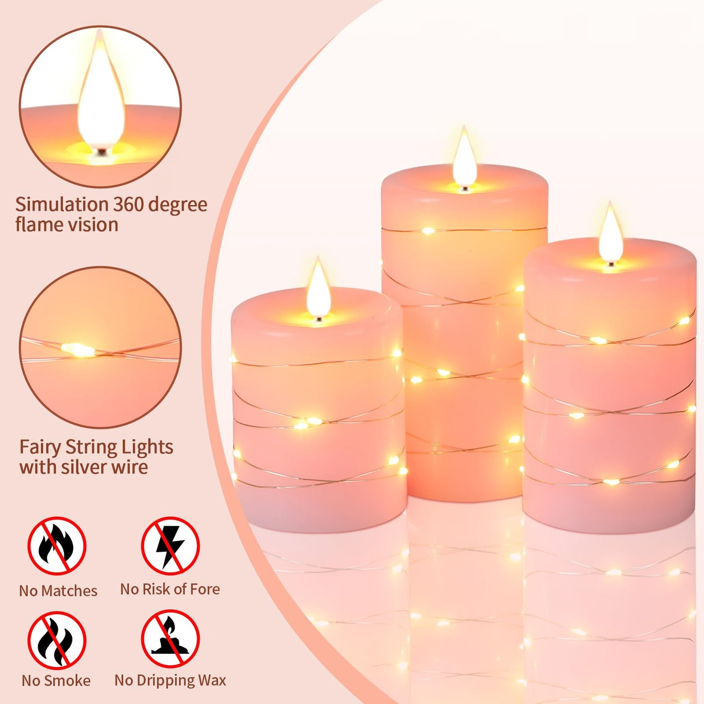 Upinmz Flickering Flameless Candles with Embedded String Lights, Battery Operated Candles with Remote Control and Timer,Flameless LED Candles for Home Decoration,Real Wax, Set of 3-Pink