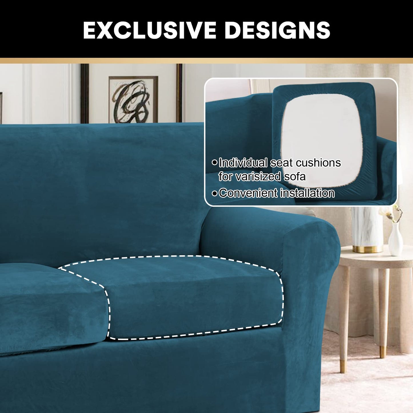 PrinceDeco Velvet Stretch 3 PCS Loveseat Covers for 2 Cushion Couch Loveseat Slipcovers (Base Cover & 2 Individual Seat Cushion Covers) Thick Sofa Covers Bonus Two Elastic Straps (Loveseat, Deep Teal)