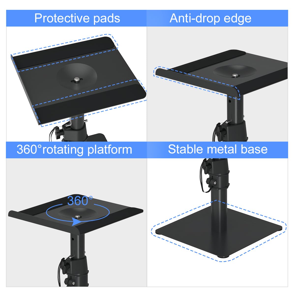 Suptek Free-Standing Speaker Stand Desktop Set, 9.6 x 8.8 inch Trays, Height Adjustment and Tilt, Universal Audio Holders for Computer and Bookshelf Speakers, Elevated Sound, 2 Pack, Black, SDM001T
