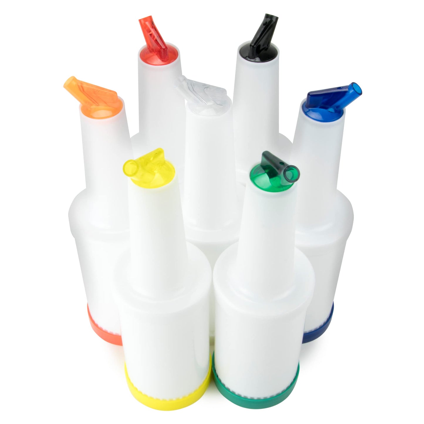 Cocktailor 7 Pack of Colorful Juice Pouring Spout Bottle Containers - 32 oz Plastic Barware for Mixing, Pouring, and Storing Cocktails, Juices, Syrups, Oils