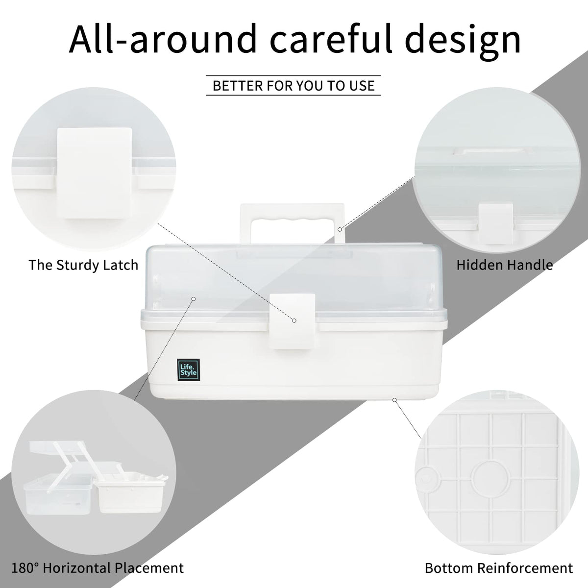 Creahaus 34cm Art Craft Organizer Storage Box with 3 Layers, Multifunctional Plastic Tool Box with Handle for Sewing, Makeup, Medicine, Nail, Hair Accessories (White)