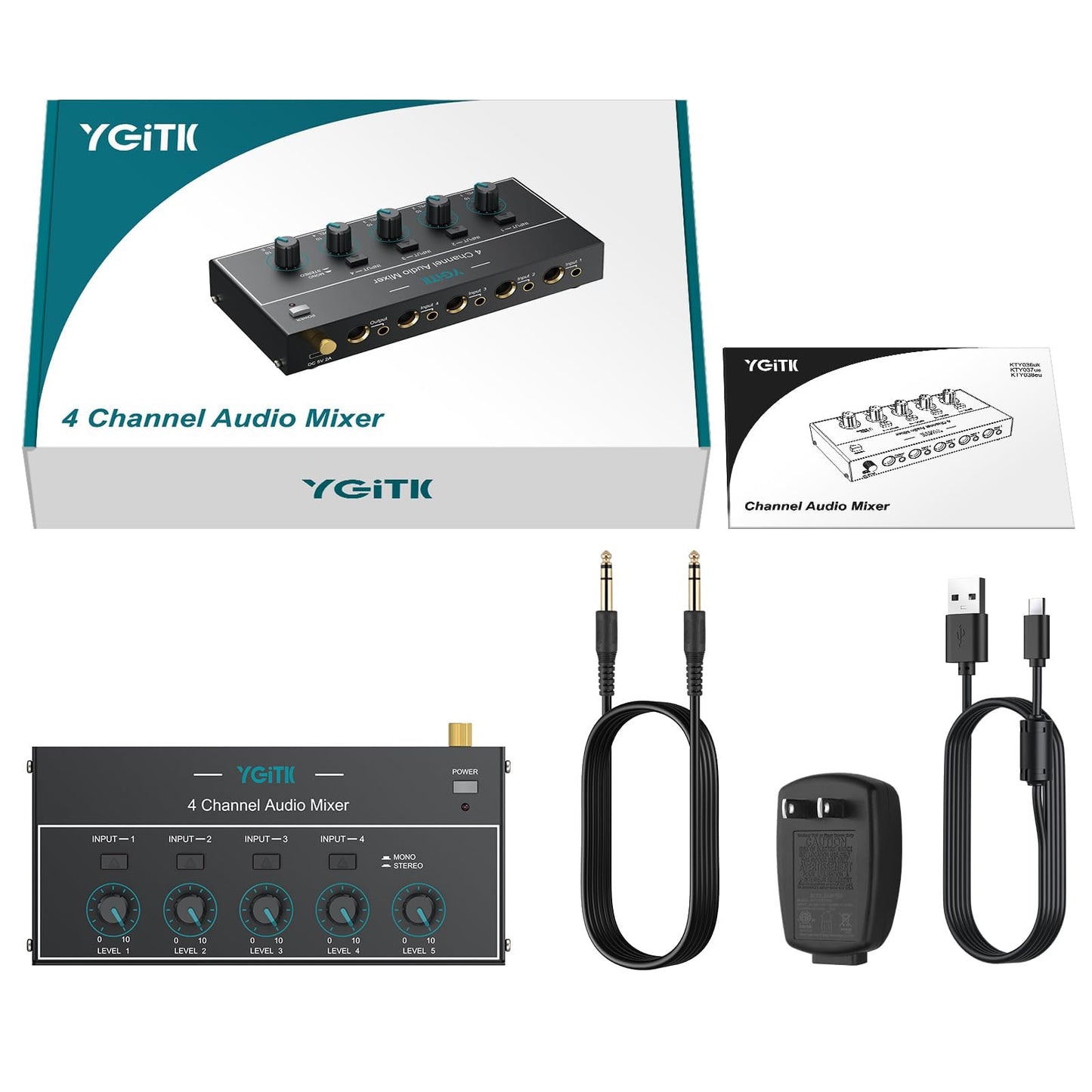 4 Channel Audio Mixer, Mini Karaoke Mixer, 3.5mm&6.35mm I/O Interface, Mono/Stereo Mixer, Independent Control and Switch, Sound Mixer for Guitars, Bass, Keyboards, Stage, Dynamic Microphone