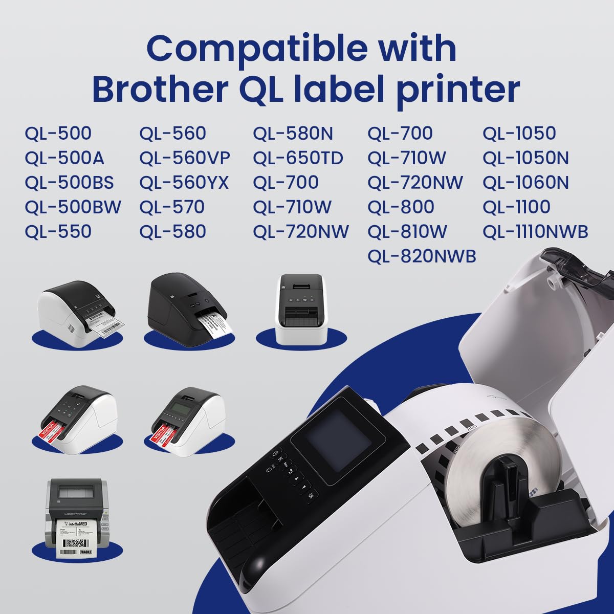 10 Rolls DK-2205 62mm x 30.48m (2-3/7" x 100') Continuous Length White Paper Label Tape Roll Compatible with Brother QL-600 800 810w Thermal Printers, 1 Frame
