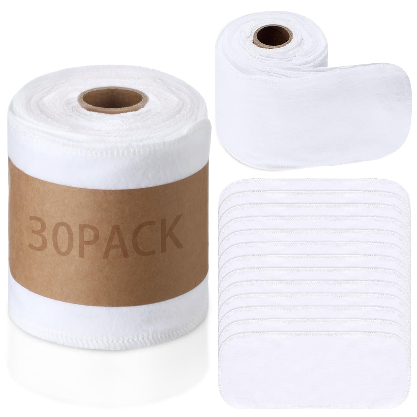 FuWeave 30 Pack Reusable Toilet Paper Towels No Tear Bidet Towels Washable Toilet Paper Bulk Paperless Rolls Cotton Treadmill Family Cloth Wipes (White)