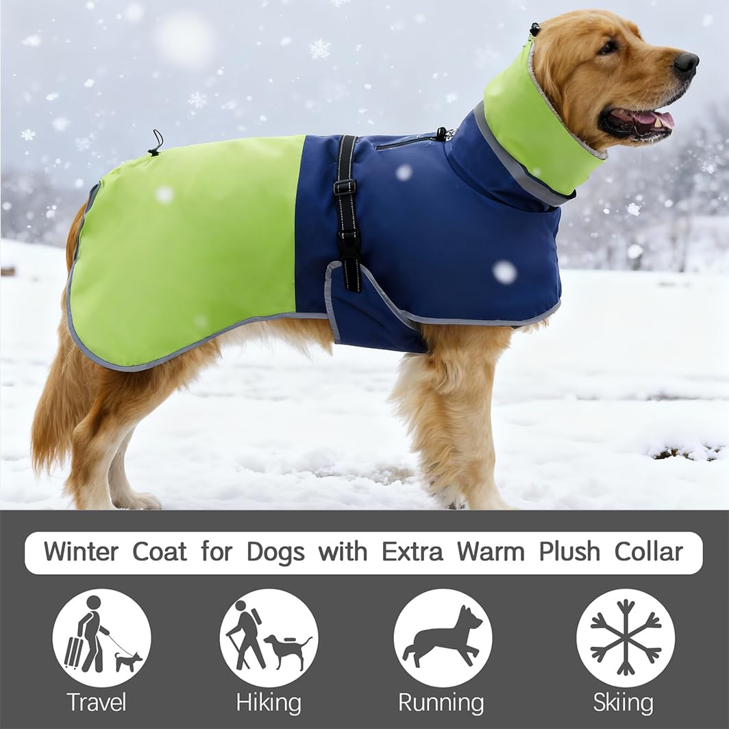 Waterproof Dog Winter Coat, Reflective Turtleneck Design, Fleece Jacket with Snow Protection for Large Dogs, Cold Weather Pet Apparel (Green, 5XL)