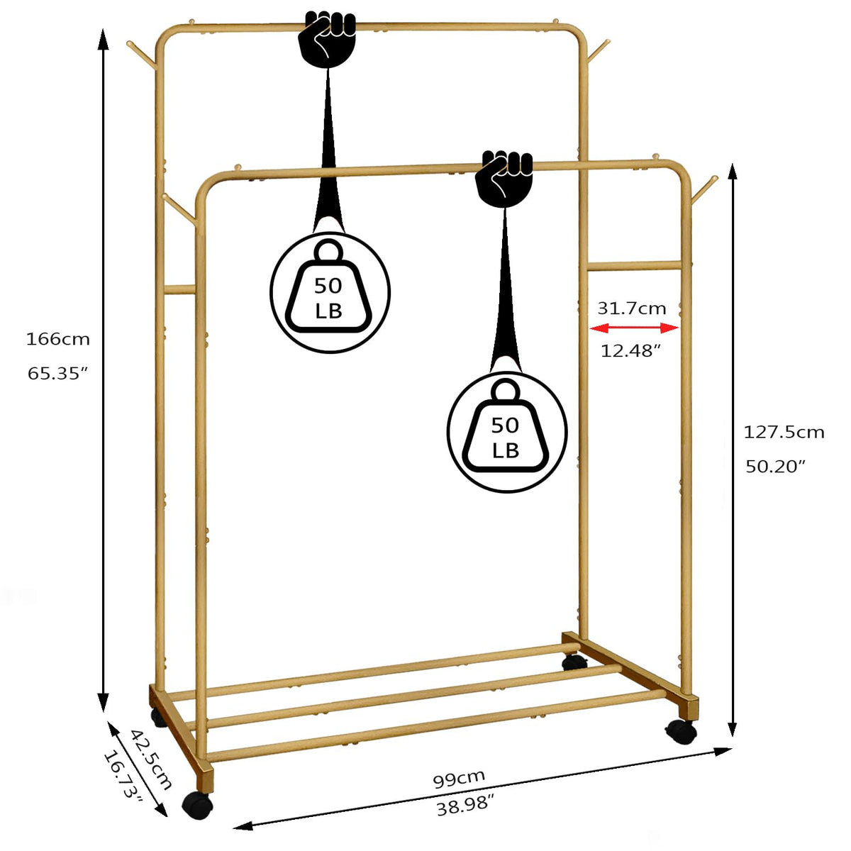 AT-VALY Double Rods Clothes Rack, Sturdy Metal Garment Rack with Wheels, Portable Wardrobe Rack with Bottom Shelf & Side Hooks, Heavy Duty Coat Hanger Stand for Bedroom, Laundry, Living Room,Gold