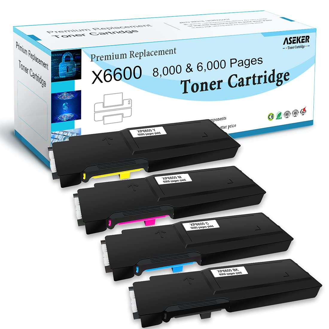 4 Colors Compatible Toner Cartridge for Xerox Phaser 6600 6600n 6600dn 6600ydn WorkCentre 6605 6605n 6605dn Printer High Yield 8000 & 6000 Pages 106R02228 106R02225 106R02226 106R02227 ( BK/C/M/Y )
