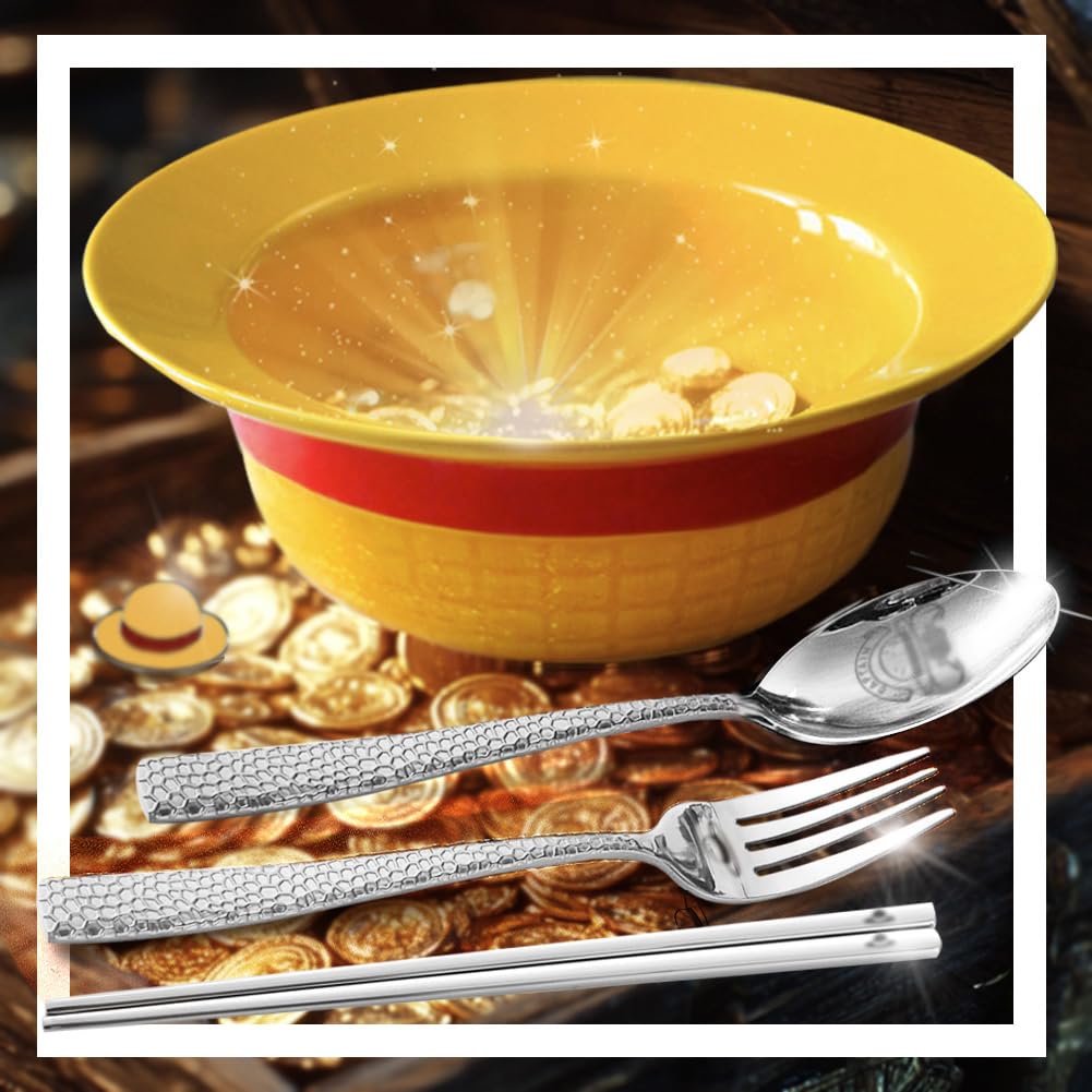 Straw Hat Ceramic Bowl Set w/Spoon Fork & Chopsticks - Novelty Ramen Bowl