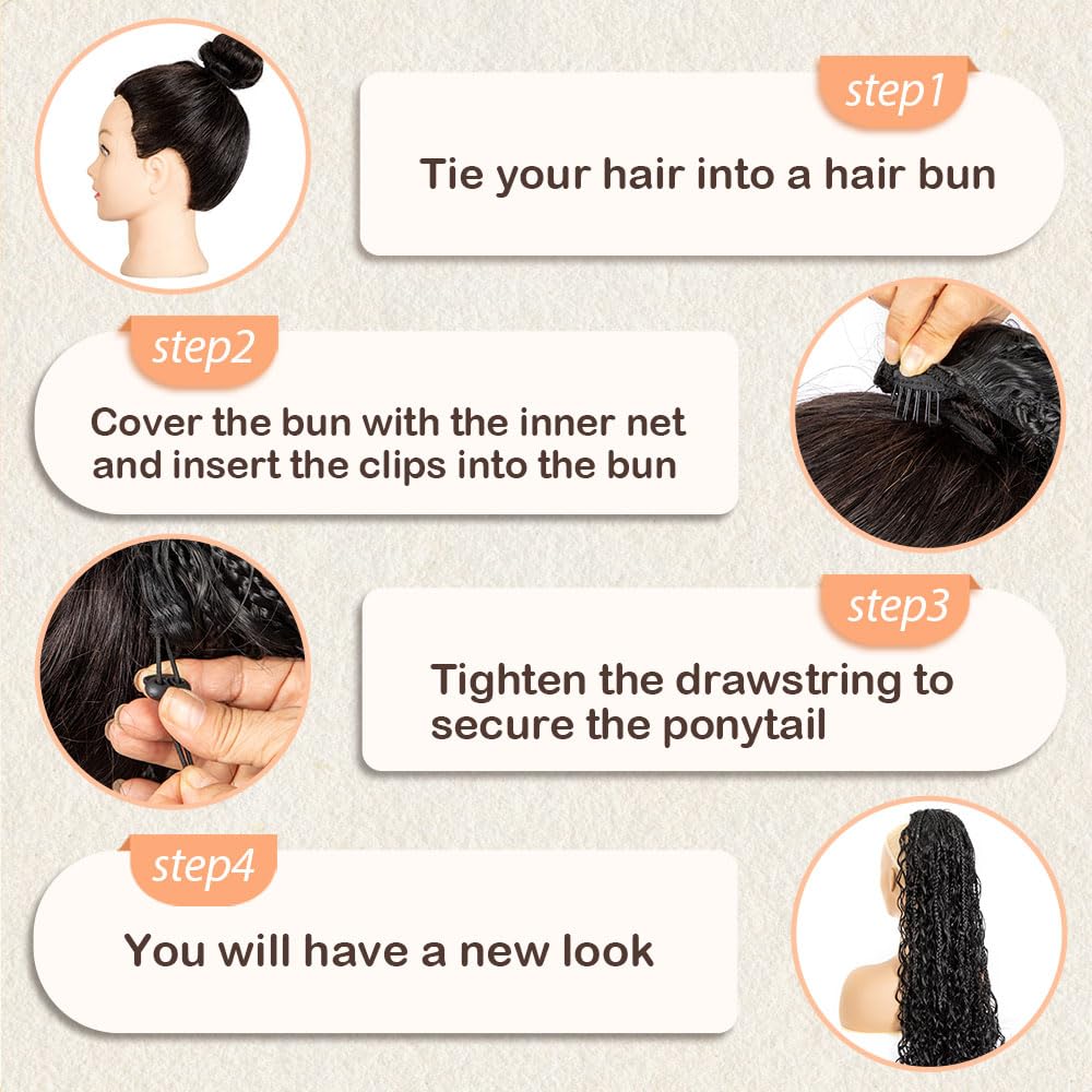 Lovenea Drawstring Ponytail for Women 24 inch Boho Braids with Long Wavy Hair Clip in Ponytail Extension Synthetic Hair Extensions Ponytail for Daily Use (T1B/27#, 24 Inch)