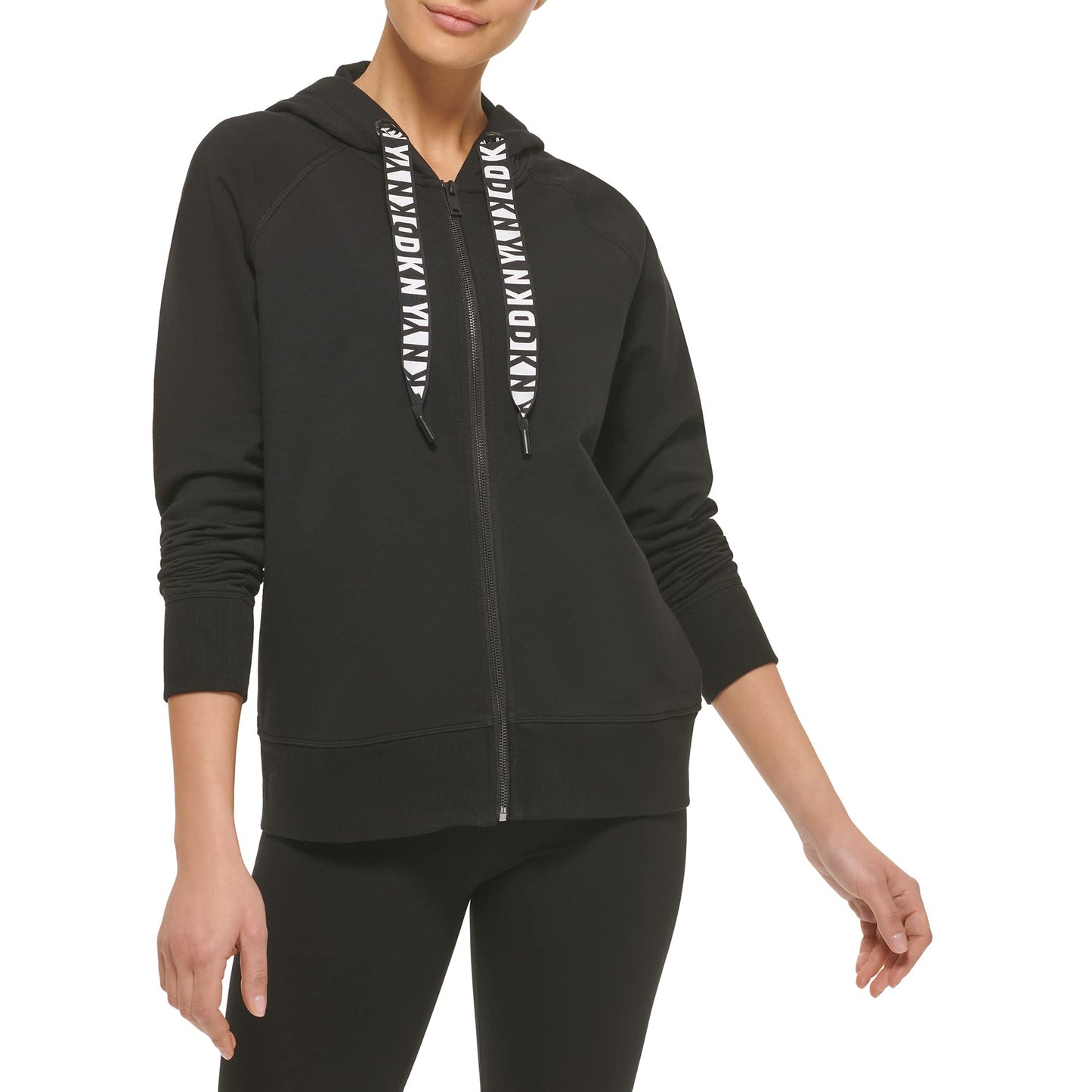 DKNY Women's Logo Drawstring Zip Up Hoodie, Activewear Sweatshirt, Black, Medium