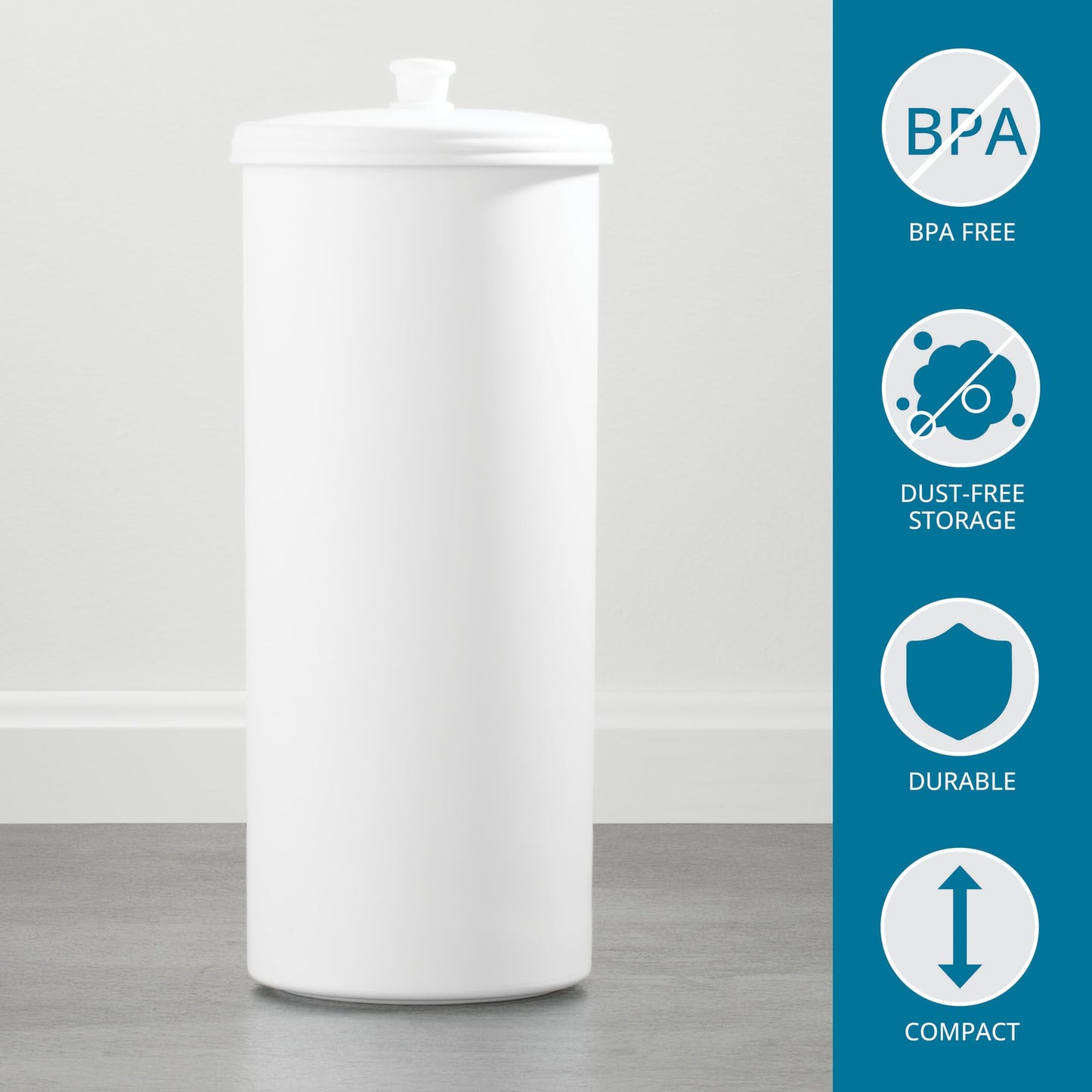 iDesign Kent Plastic Toilet Paper Tissue Roll Reserve Canister, Free-Standing Organizer for Master, Guest, Kid's, Office Bathroom or Closet, 6.25" x 6.25" x 15.5" - White