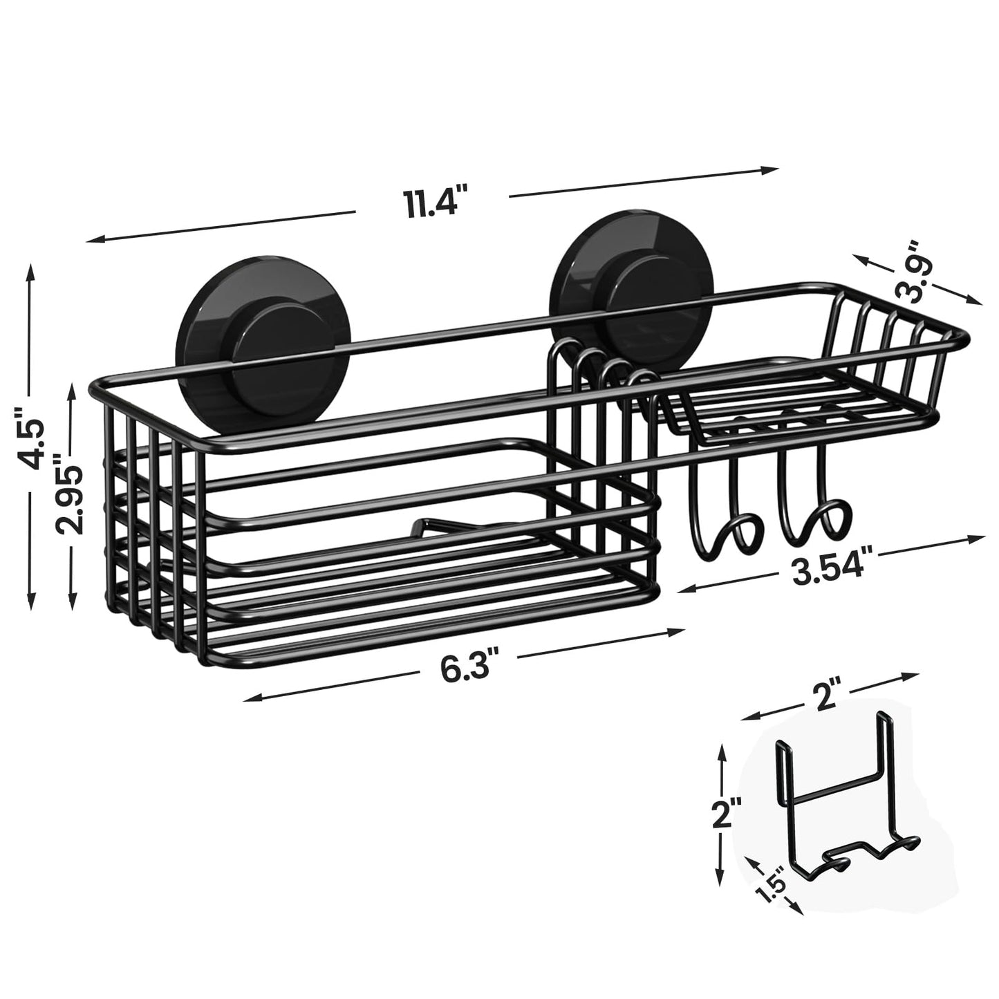 LEVERLOC Shower Caddy Suction Cup, Shower Shelf with Hooks and Soap Holder, NO-Drilling Bathroom Organizer, Rustproof Metal Bathroom Storage and Organization - Black