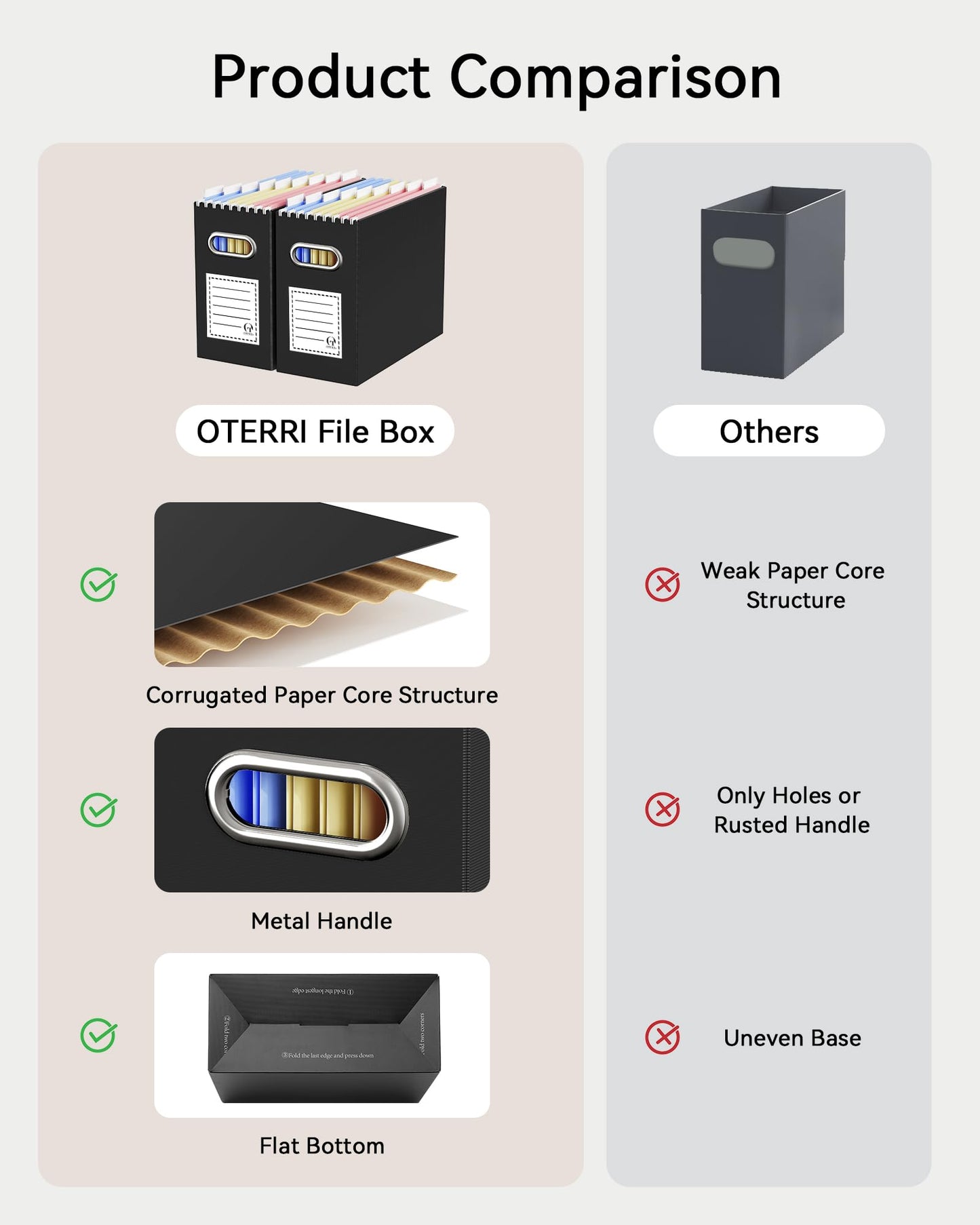 Oterri File Organizer for Hanging Folders Letter Size, Cardboard File Storage Box with Handle, File Box, Folder Organizer for Office, Home or School, 8 Packs, Black (No Folders)