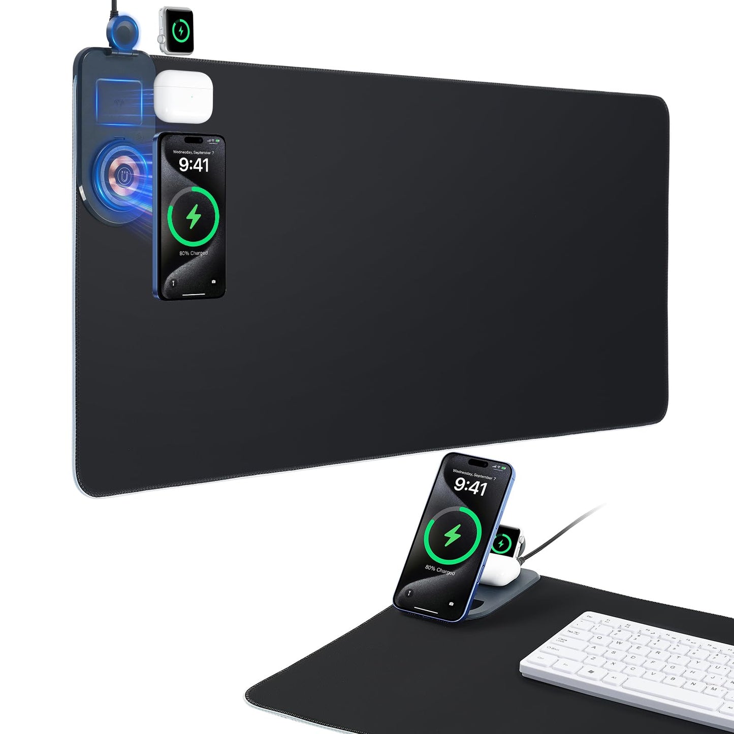 ELUTENG 4-in-1 RGB Gaming Mouse Pad with Wireless Charging & Phone Holder, 31.5"x11.81" Large Waterproof Desk Mat, Ultra-Smooth Non-Slip Keyboard Pad for Home & Office