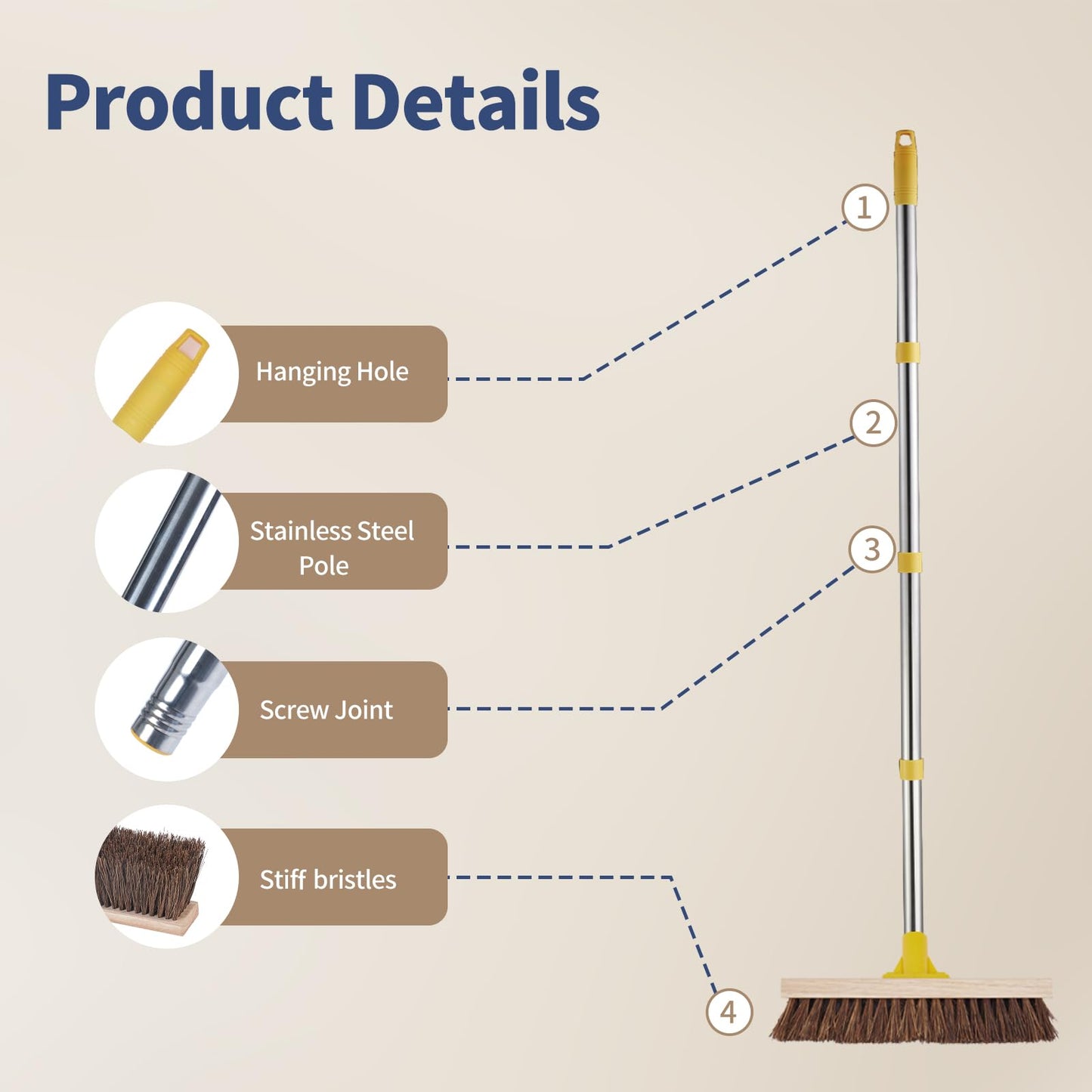 NICOFPHY Floor Scrub Brush with Long Handle - 60" Heavy Duty Deck Brush with Stiff Natural Palmyra Bristle for Scrubbing, Outdoor Scrubber Brushes for Cleaning Concrete Floor, Garden, Patio, Shower
