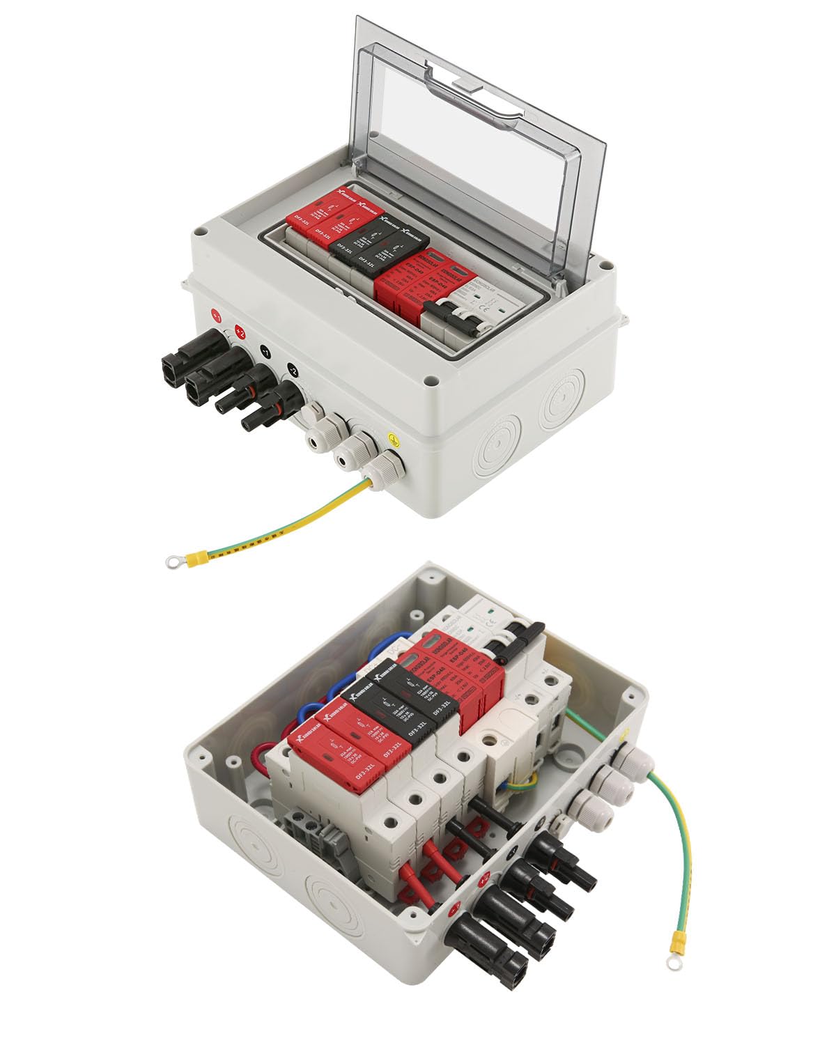 VOU 600V Solar DC PV Combiner Box,2 String with Lightning Arrester Connector for On/Off Grid Solar Panel System,2 Input 1 Out 15A Rated Current Fuse,63A Circuit Breaker,IP65 Waterproof,MCB,SPD