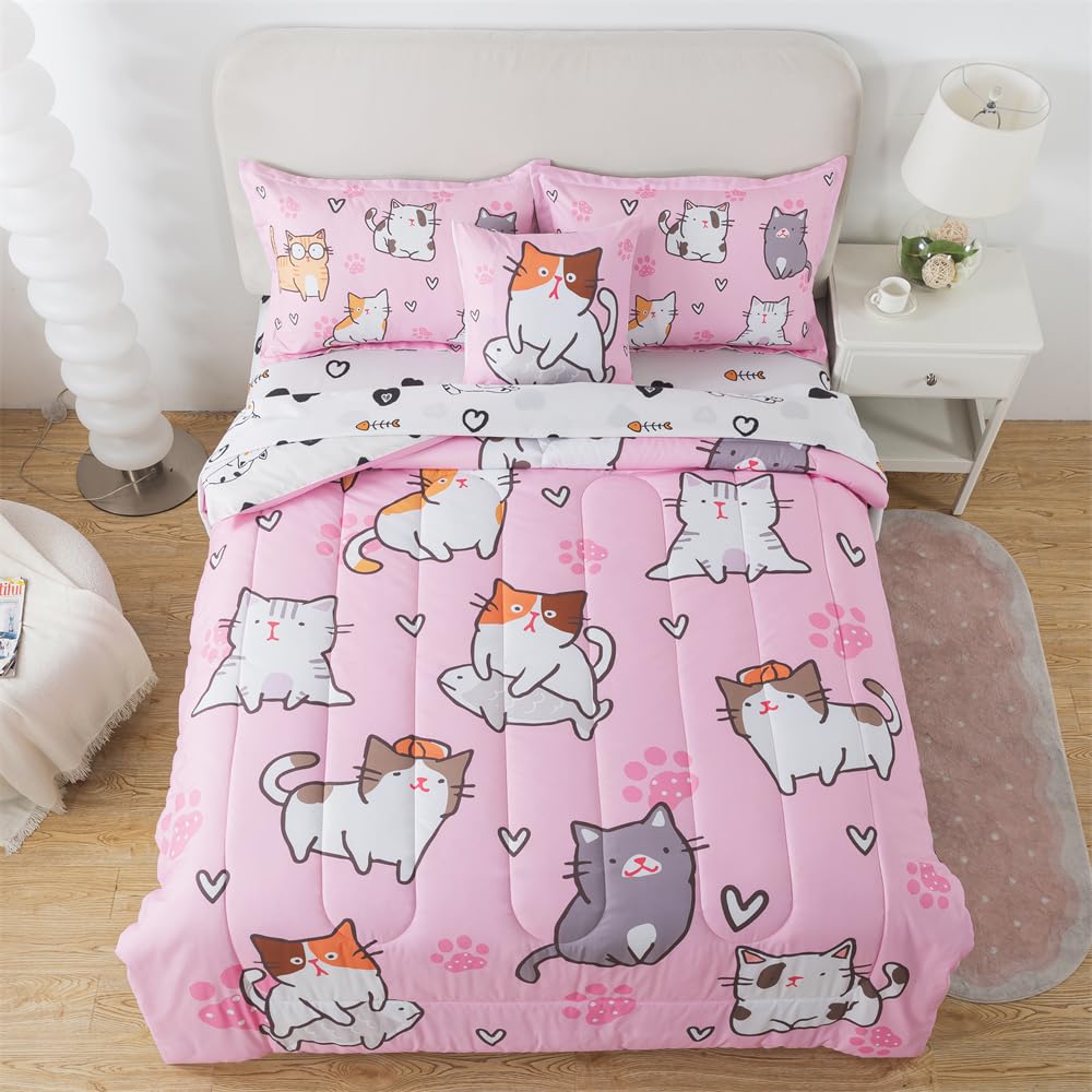 lishjekee 6 Pieces Cute Cat Comforter Twin for Girls Pink Cats Bedding Set Bed in A Bag for Kids Kawaii Pets Kitten Comforter and Sheets Set Cartoon Animal Bed Sets Home Decor