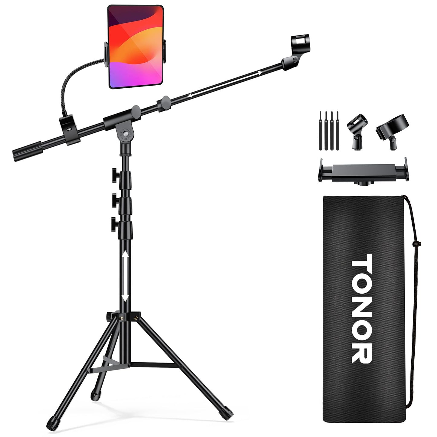 TONOR Mic Stand, Microphone Stand with Tablet Holder, Tripod Boom Arm for Floor, Adjustable Height and Angle, Heavy Duty DJ Stand with Carrying Bag, Phone and iPad Clamp