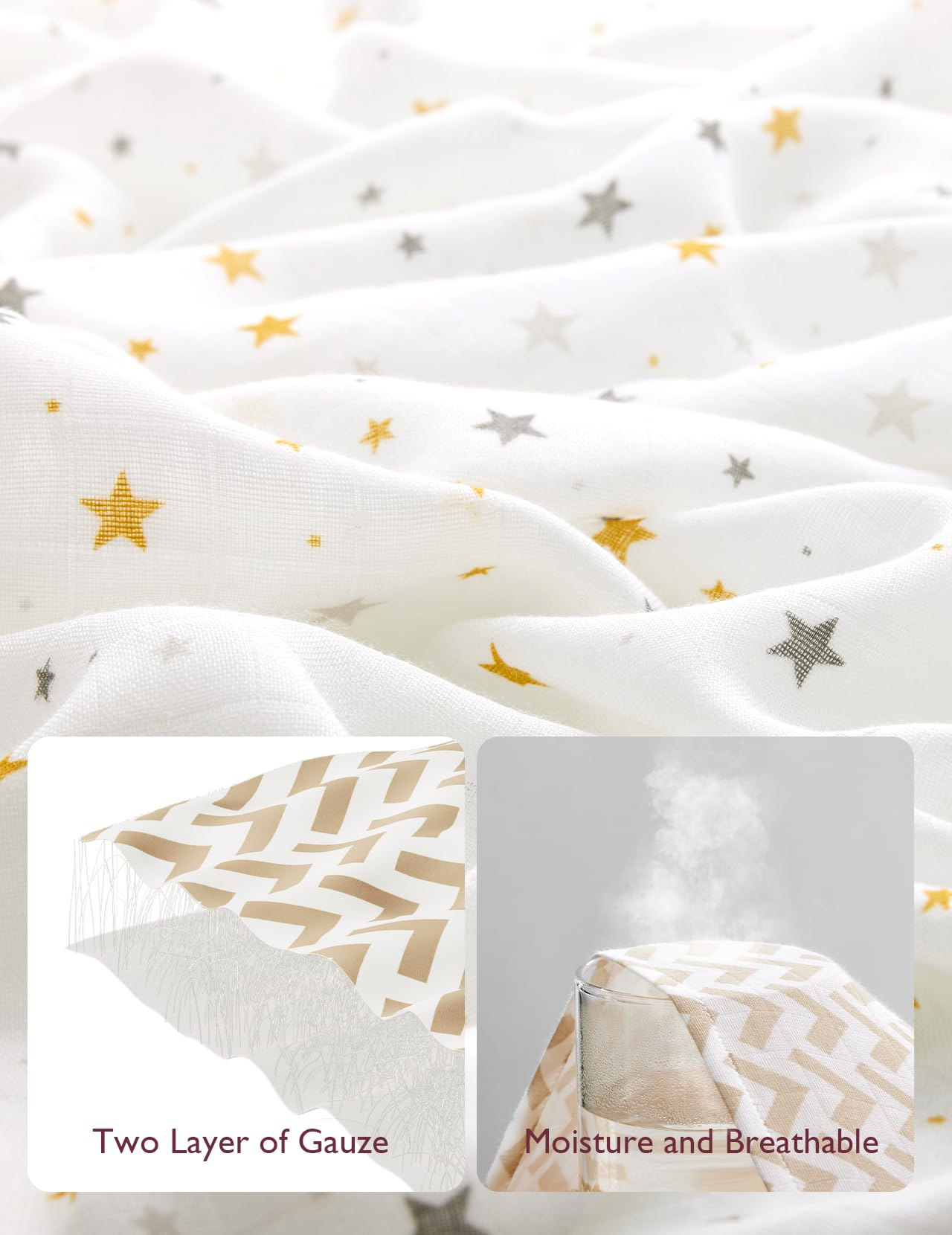 Momcozy Muslin Swaddle Blanket, 4 Pack Ultra Soft Neutral Swaddle Blankets, Breathable Large 47'' x 47'' Baby Infant Newborn Essentials, Boys Girls Receiving Blanket, Beige Star