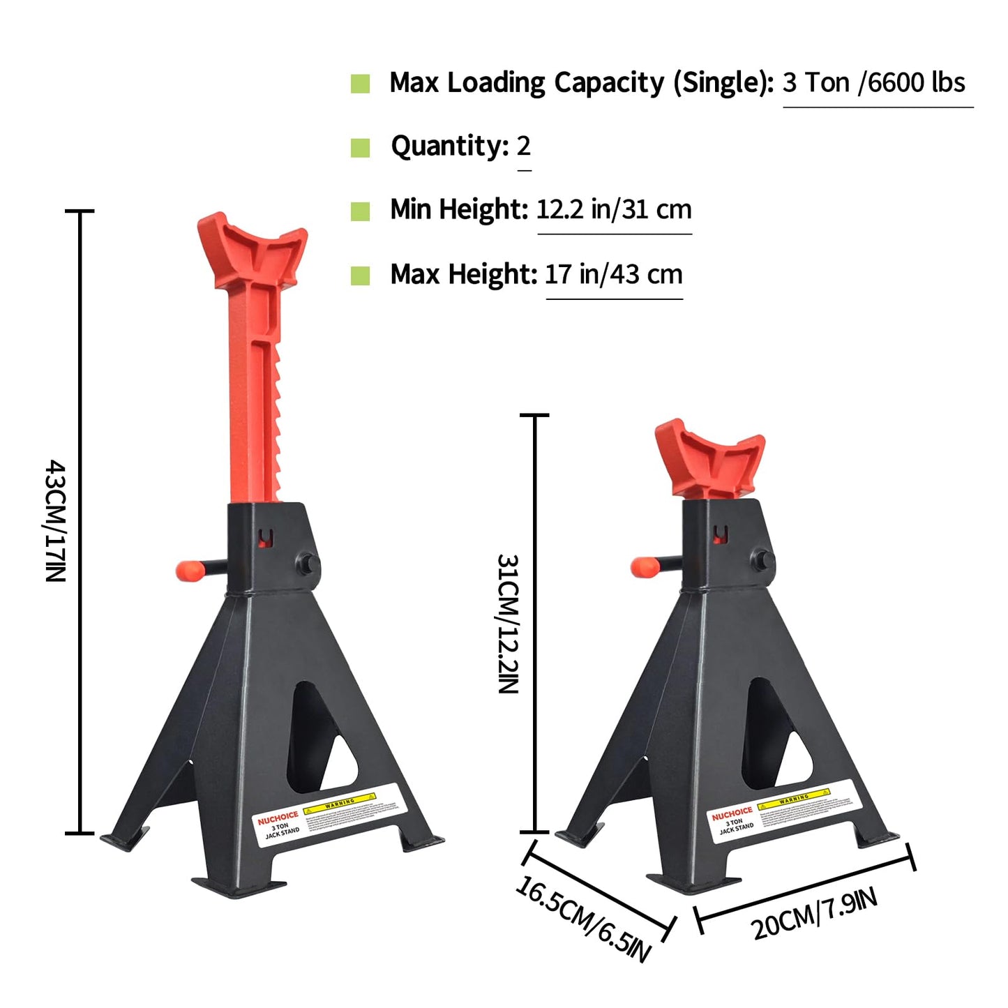 NUCHOICE 3 Ton Jack Stands, Heavy Duty 6.600 lbs Capacity, Pair for Lifting SUVs, Pickup Trucks, Cars, UTVs/ATVs