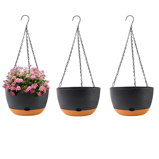 10 inch Plant Pot Hanging Planters Self Watering Pots for Indoor Plants, 3 Pack Plastic Hanging Basket with Removable Tray for Home Garden Porch Balcony Patio Decor(Black)