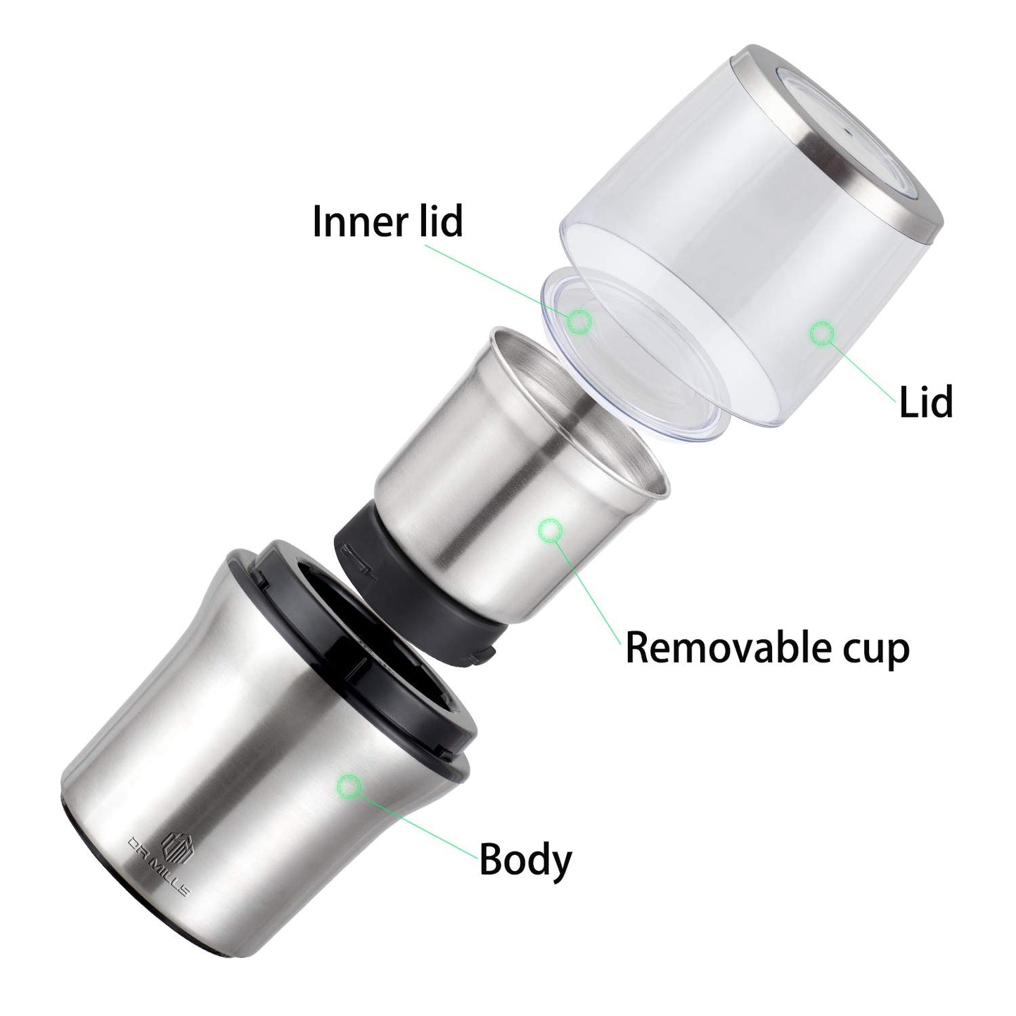 DR MILLS DM-7412M Electric Dried Spice and Coffee Grinder, Grinder and Chopper,Detachable Cup, diswash Free, Blade & Cup Made with SUS304 Stainless Steel