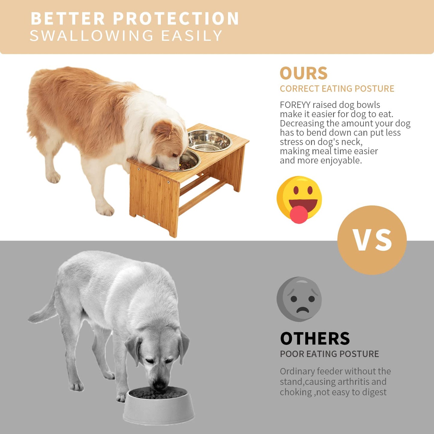 FOREYY Raised Pet Bowls for Cats and Small Dogs, Bamboo Elevated Dog Cat Food and Water Bowls Stand Feeder with 2 Stainless Steel Bowls and Anti Slip Feet (M(7''Tall-30 oz Bowl))