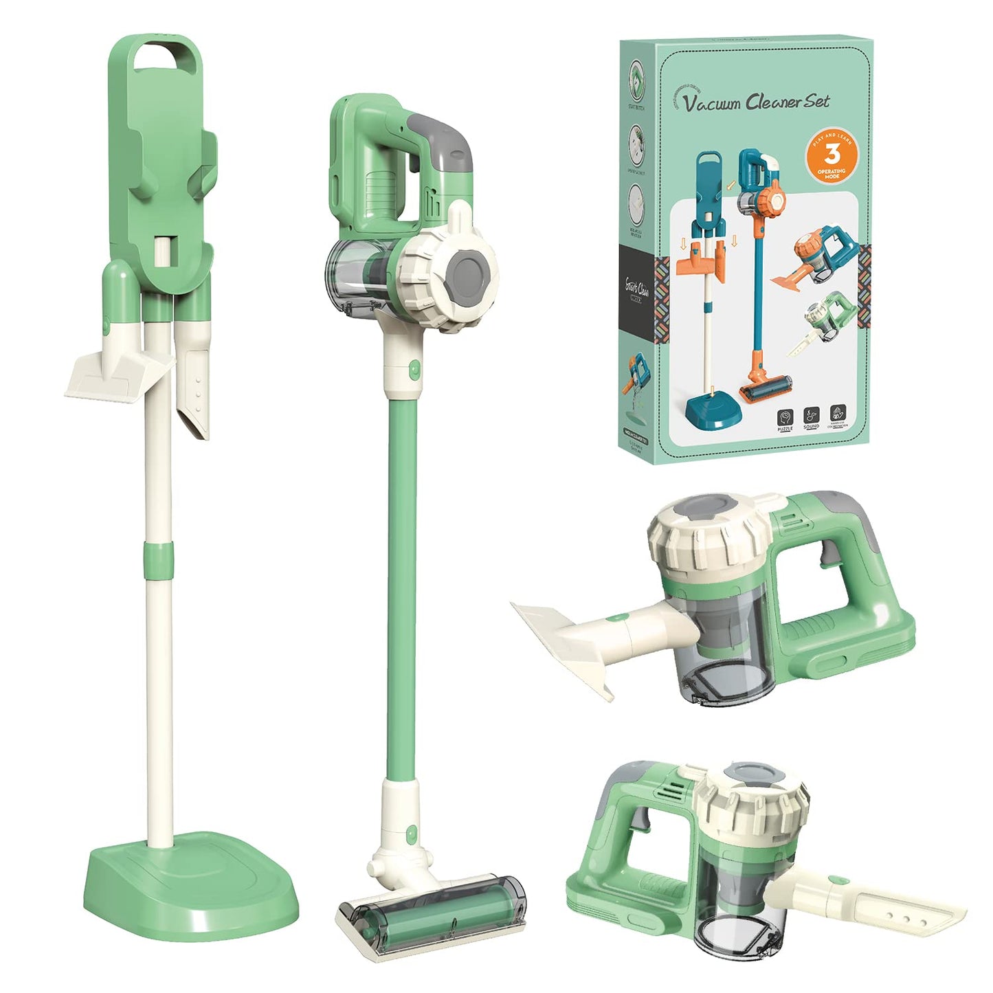 BAYMI 3-in-1 Kids Vacuum Cleaner That Works - Toddler Vacuum Cleaning Toy Set for Children Aged 3+, Kids Working Play Vacuum with Real Suction for Realistic Play (Green)