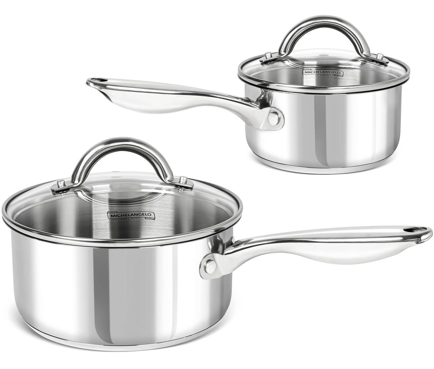 MICHELANGELO Saucepan Set 4pc, 18/10 Stainless Steel Sauce Pan with Lid, Tri-Ply Bottom Sauce Pot Set, Nonstick Saucepan, Dishwasher Safe, 1QT & 2QT