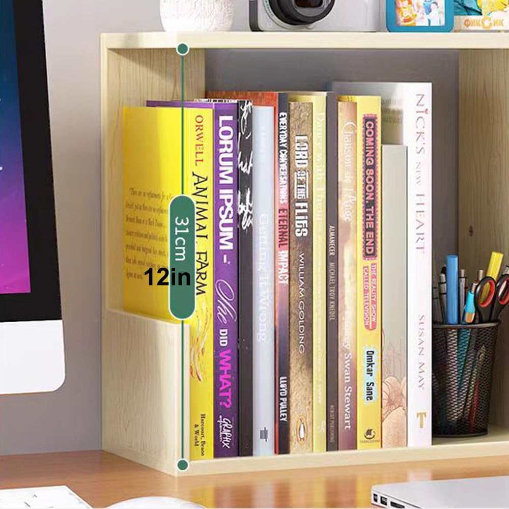 Hbluefat Desktop Bookshelf Organizer, Small Wooden Storage Rack, Multi-Functional Desk Display Shelf for Home Office (White)