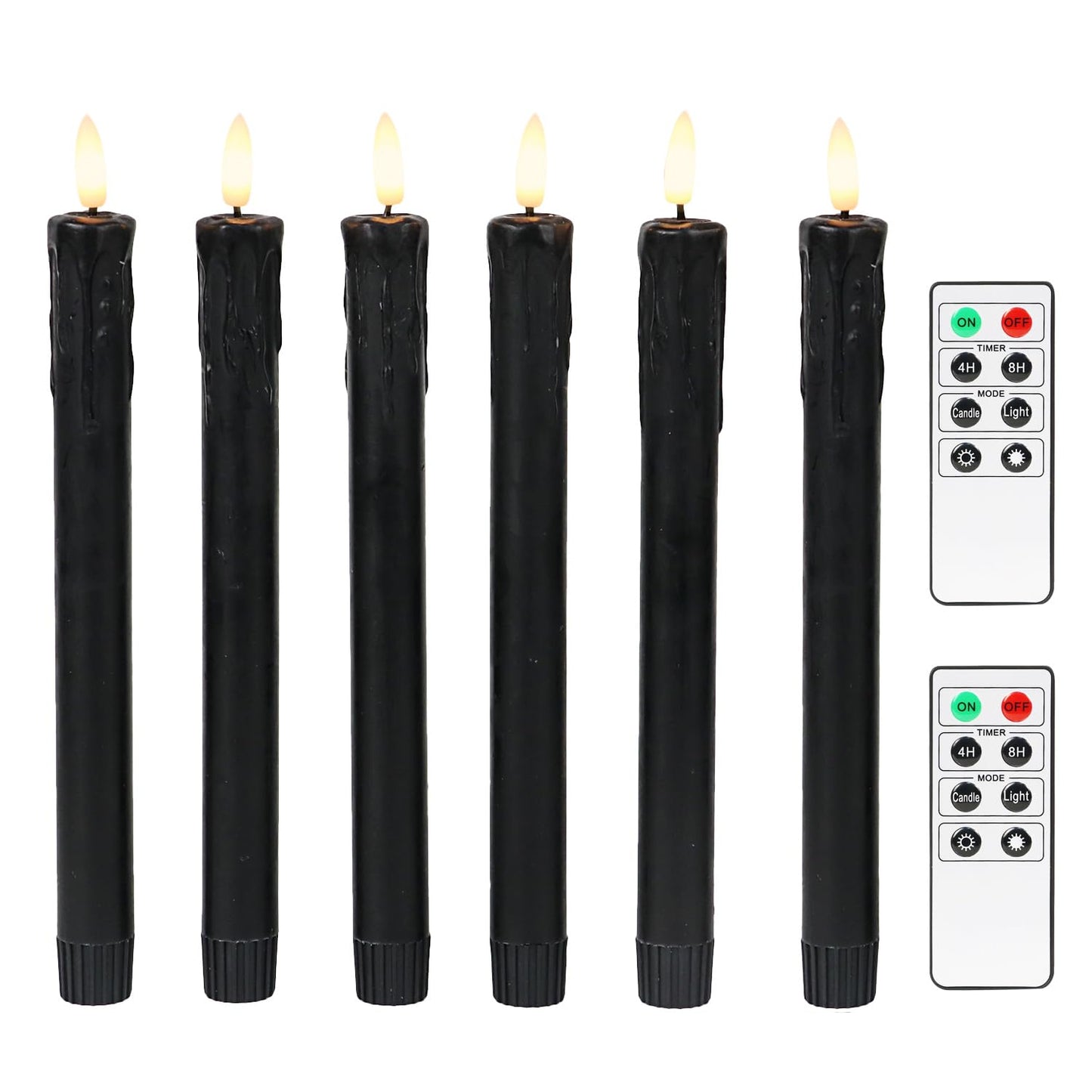 Fanna Black Flameless Taper Candles with 2 Remotes, Real Wax Battery Operated Candles with Timer for Halloween,10" Set of 6