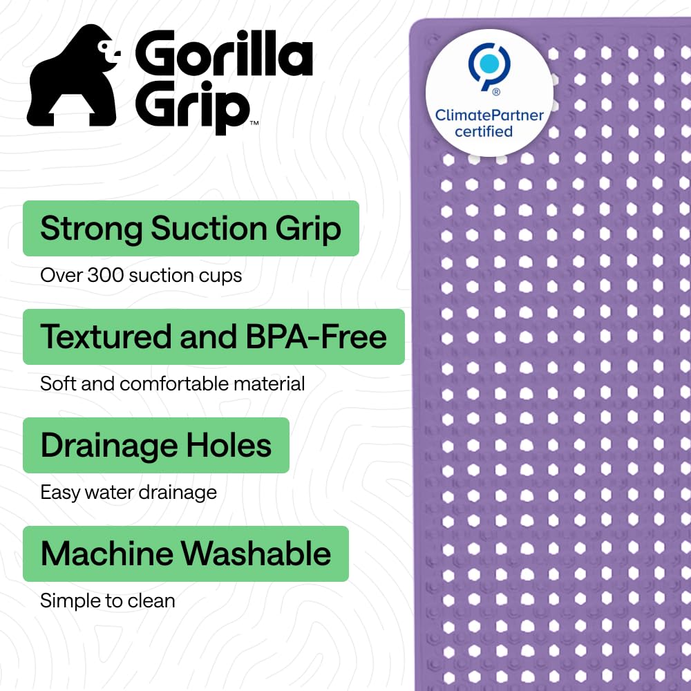 GORILLA GRIP Bath Tub Shower Mat, Machine Washable Bathtub Floor Liner Mats, Suction Cups and Drain Holes to Keep Tubs Clean, Soft on Feet, Bathroom Essentials, 89x41 cm, Purple Opaque
