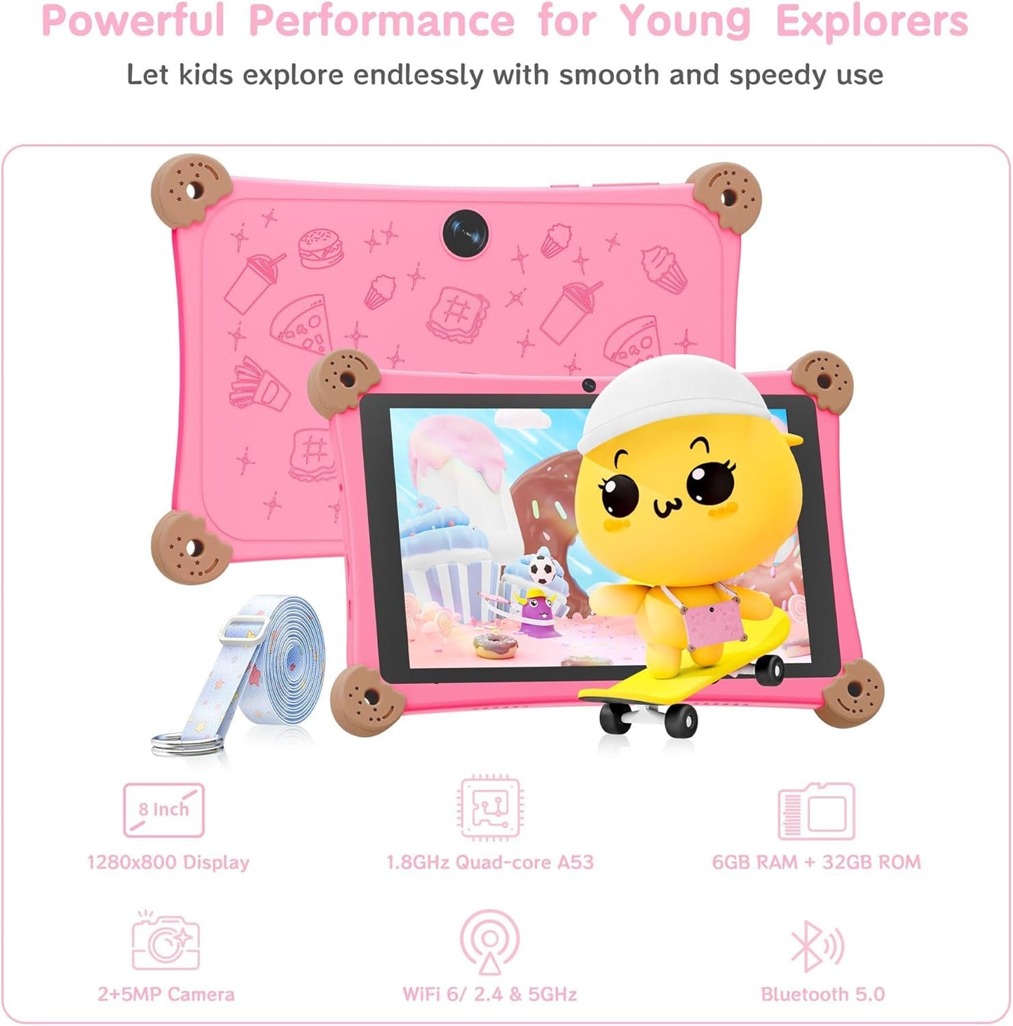 2025 Kids Tablet, 8 Inch Android Tablet for Kids 3-12 with KIDOZ Preinstalled,WiFi6 and Dual Camera, Kid Space, Parental Control, Adjustable Strap Included, Great Gift for Kids, Pink