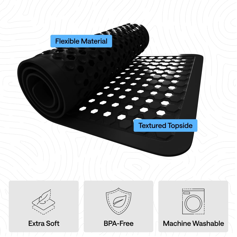 GORILLA GRIP Patented Bath Tub and Shower Mat, 35x16, Machine Washable, Extra Large Bathtub Mats with Drain Holes and Suction Cups to Keep Floor Clean, Soft on Feet, Bathroom Accessories, Black Opaque