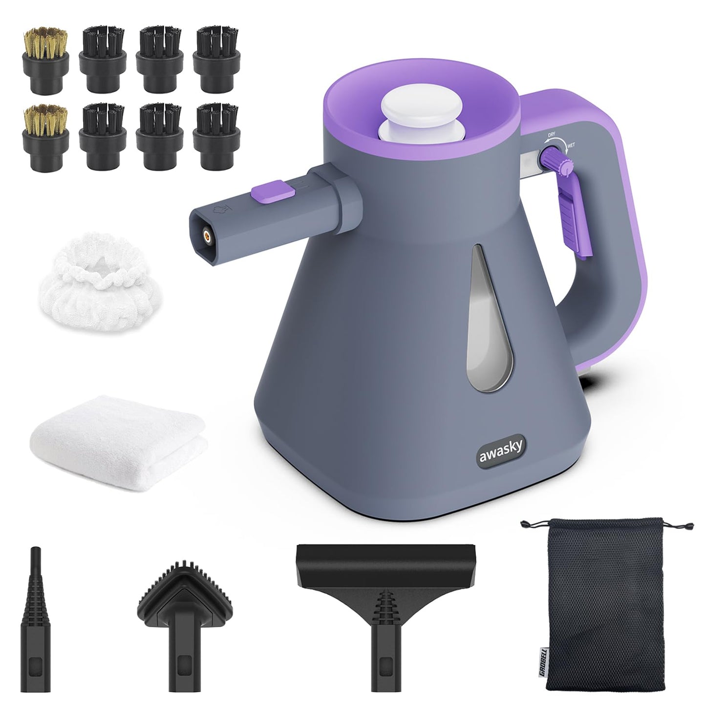 awasky Handheld Steam Cleaner: 10-Sec Heat-Up, 25oz Tank Refill Anytime (Non-Pressurized), Lockable Steam Trigger, 1200W, 14-Pcs Kit, Dry/Wet Modes for Tile Grout Shower Furniture Car Cleaning Gray