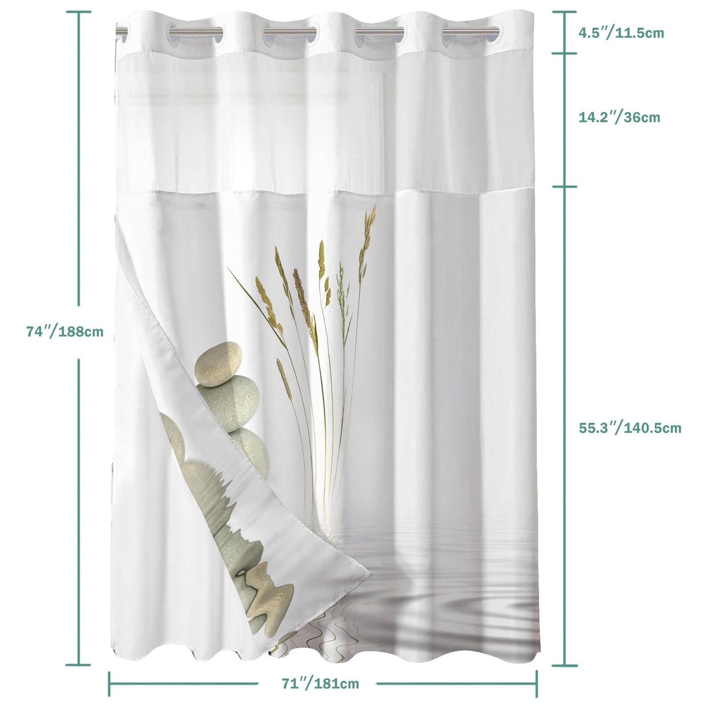Shellspace No Hook 3 in 1 Shower Curtain with Snap in Liner, Pebbles Shower Curtain Set with See Through Top Window, Machine Washable Waterproof Polyester Fabric Bath Curtain, 71 x 74 in