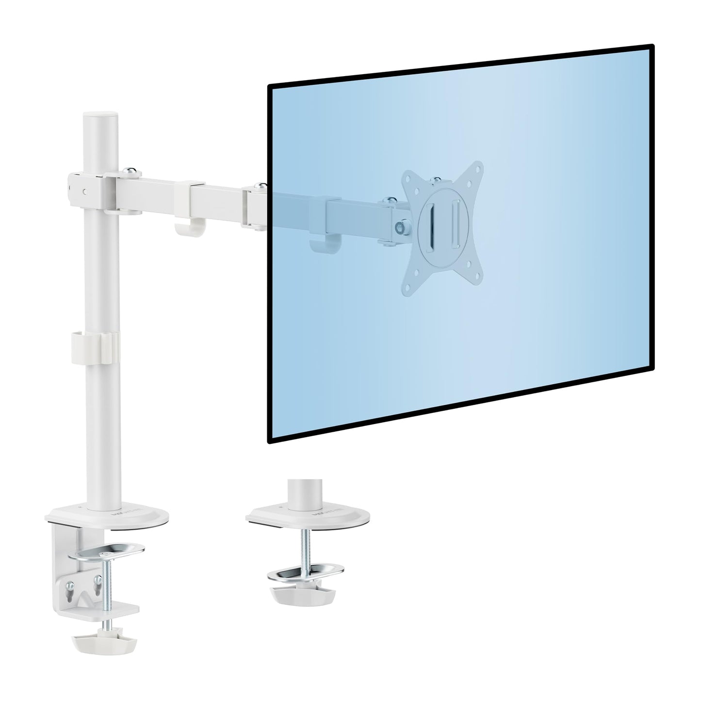 Mount-It! Single Monitor Arm 17" to 32", Full Motion Adjustment with Tilt, Rotation, Swivel, Height Adjustment Along Pole, Clamp or Grommet Mounting, Monitor Desk Mount VESA 75x75 and 100x100, White