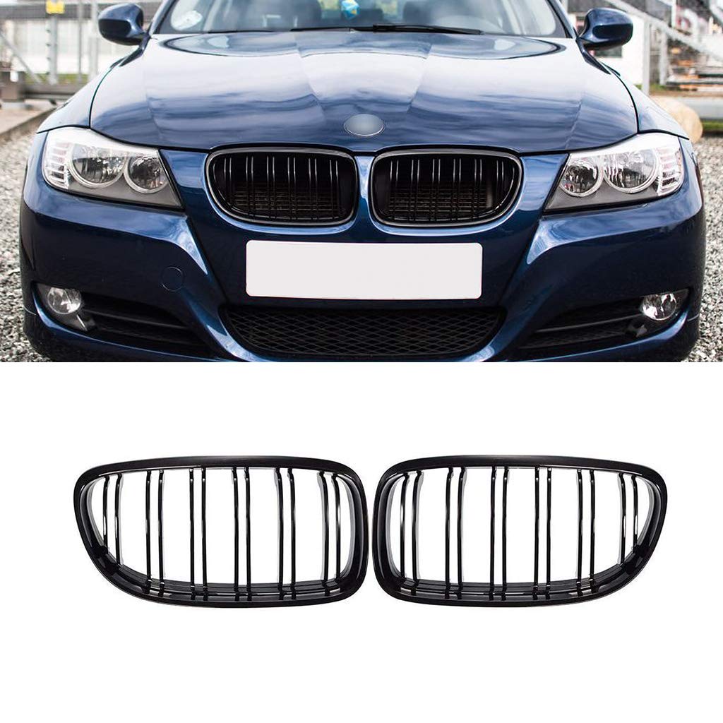 SNA E90 Grill Compatible for 2009-2011 3 Series E90 E91 (Double Slats Gloss Black Kidney Grille, 2-pc Set)