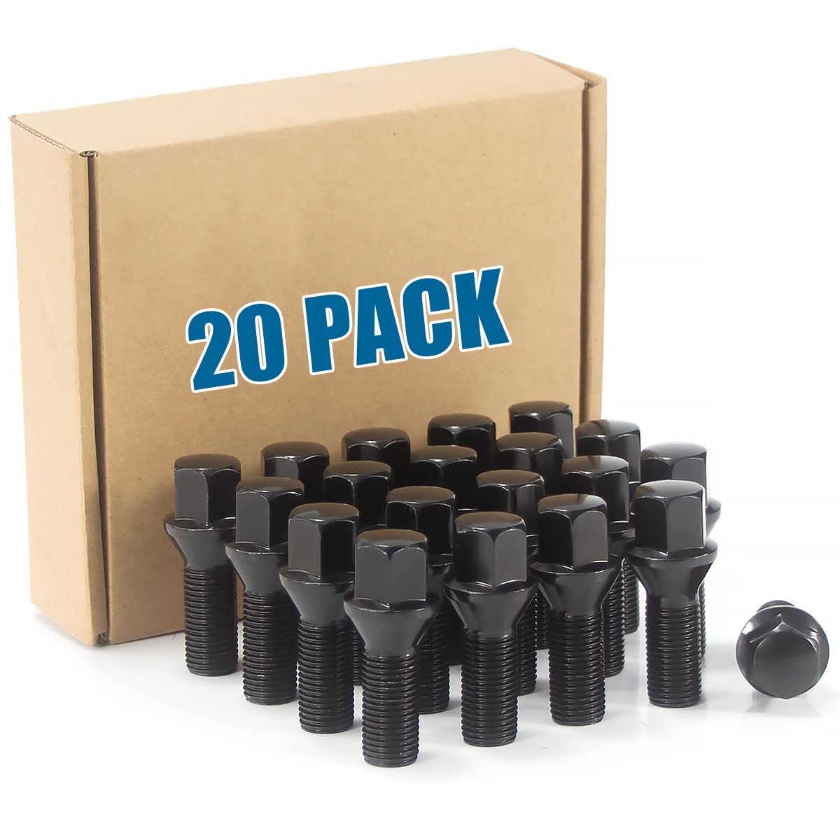 JiiinMiiin 14x1.25 Lug Bolts Conical Seat with 17mm Hex, 28mm Shank Length, M14x1.25 Thread, Black 20 Pack