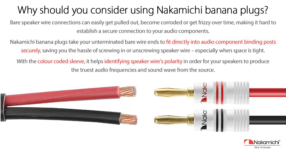 Nakamichi Excel Series 24k Gold Plated Banana Plug 12 AWG - 18 AWG Gauge Size 4mm for Speakers Amplifier Hi-Fi AV Receiver Stereo Home Theatre Radio Audio Wire Cable Screw Connector 12 Pcs (6-Pairs)