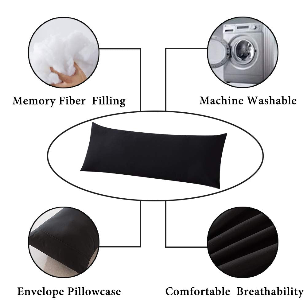 ELNIDO QUEEN Body Pillow with Pillowcase-Soft Long Bed Pillow for Adults-Breathable Full Body Pillow Insert for Sleeping,20x54inches-Black