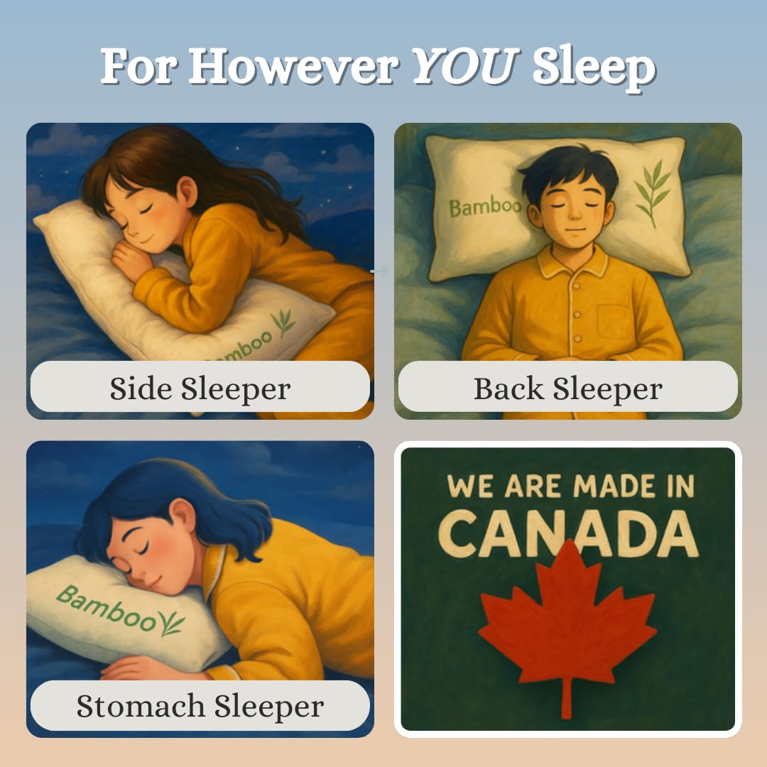Bamboo Sleeping Bed King Size Pillow 2 Pack Made in Canada for Side, Back & Stomach Sleepers | Bamboo Premium Hotel Quality Cover Cooling Microgel Filling Supportive Pillow - 20"X36"