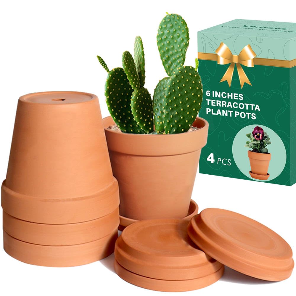 vensovo 6 Inch Clay Pot for Plant with Saucer - 4 Pack Large Terra Cotta Plant Pot with Drainage Hole, Flower Pot with Tray, Terracotta Pot for Indoor Outdoor Plant