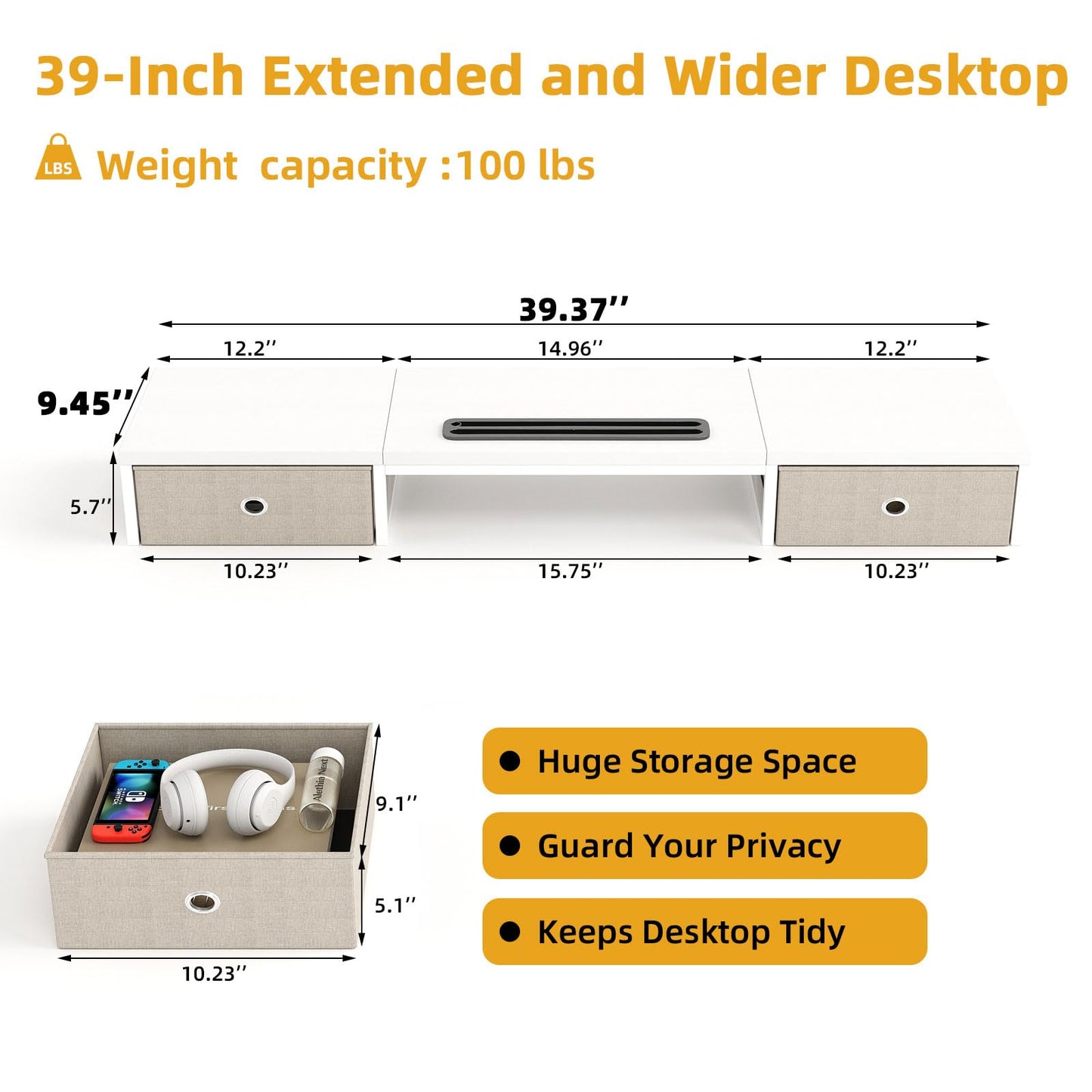 Mexin Dual Monitor Stand Riser with 2 Drawers, 39 Inch Extra Long Wood Desk Organizer, Desktop Riser for Laptop, Printer, Computer, TV, Perfect for Home Office, White