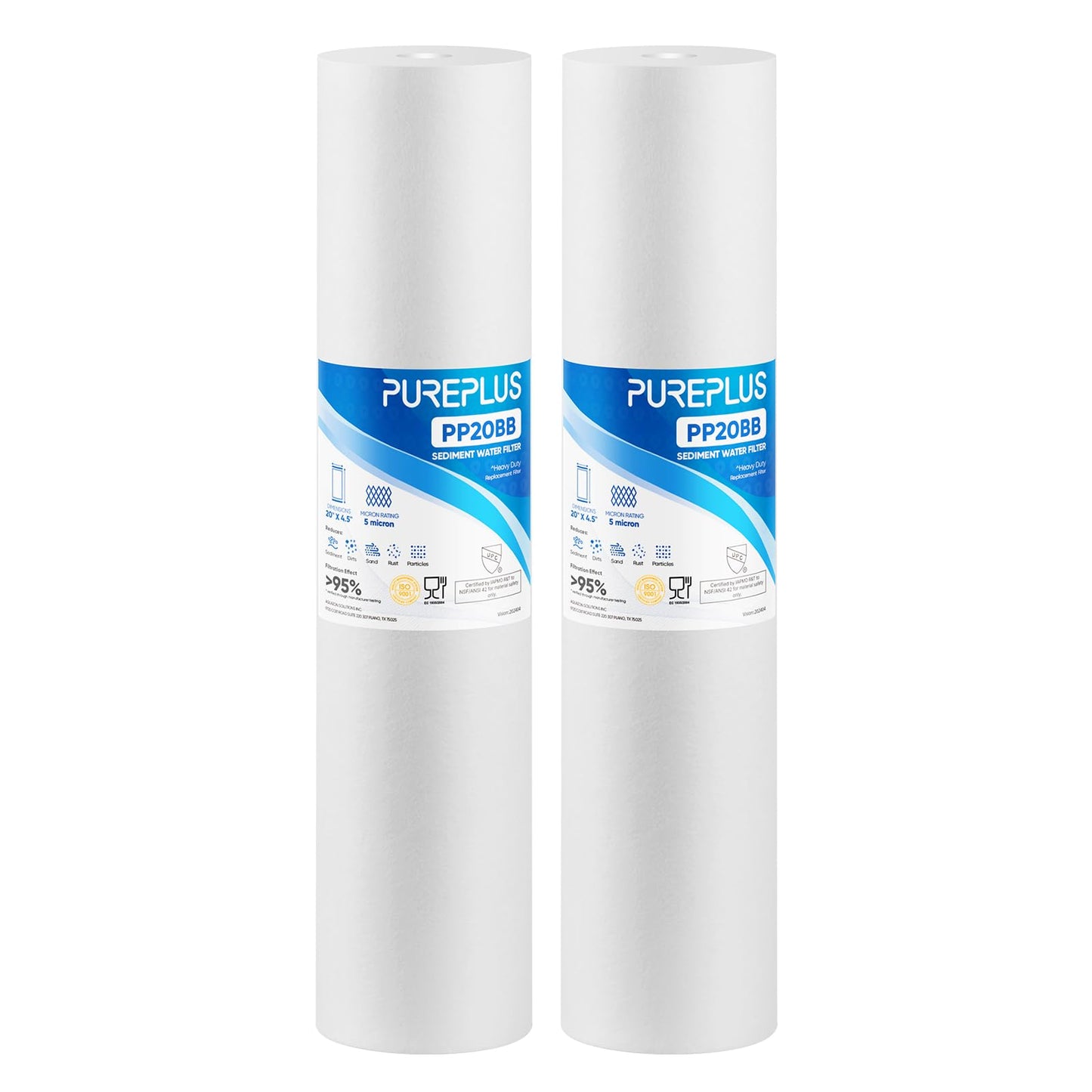 PUREPLUS 5 Micron 20" x 4.5" Whole House Sediment Home Water Filter Replacement Cartridge, Compatible with SP-DD-5005-20BB, FPMB5-20, AP810-2, 155358-43, SDC-45-2005, 2PP20BB1M, P5-20, FP25B, 2 Pack