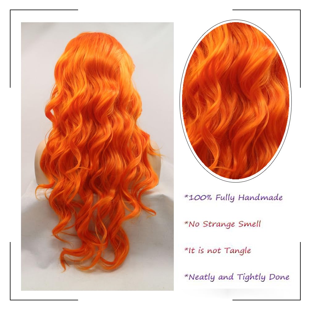 Angle Lucky Pastel Orange Wigs for Women Long Loose Wavy Mixed Orange Wig Natural Hairline Lace Frontal Wig Heat Resistant Fiber Premium Glueless Wig Drag Queen Halloween