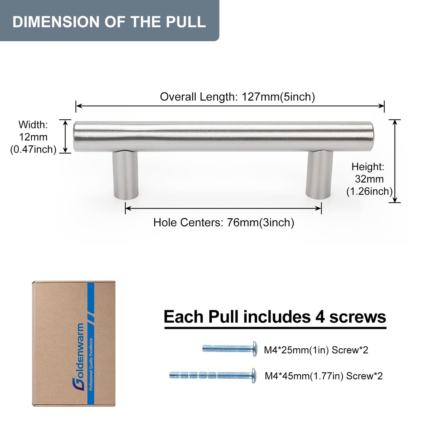 30 Pack - 3" Hole Center 76mm Cabinet Handle goldenwarm Kitchen Cabinet Handles Brushed Nickel Stainless Steel Kitchen Cupboard Cabinet Pulls Drawer pulls 5" (127mm) Length